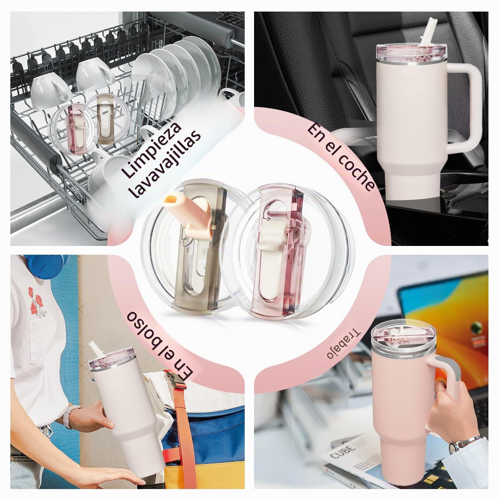 DealKits 2 unidades compatibles con la tapa Stanley Cup a prueba de fugas, tapa de repuesto para taza de 40 oz, con 2 pajitas y 1 pajita, sin BPA, apto para lavavajillas, reutilizable (blanco + rosa)