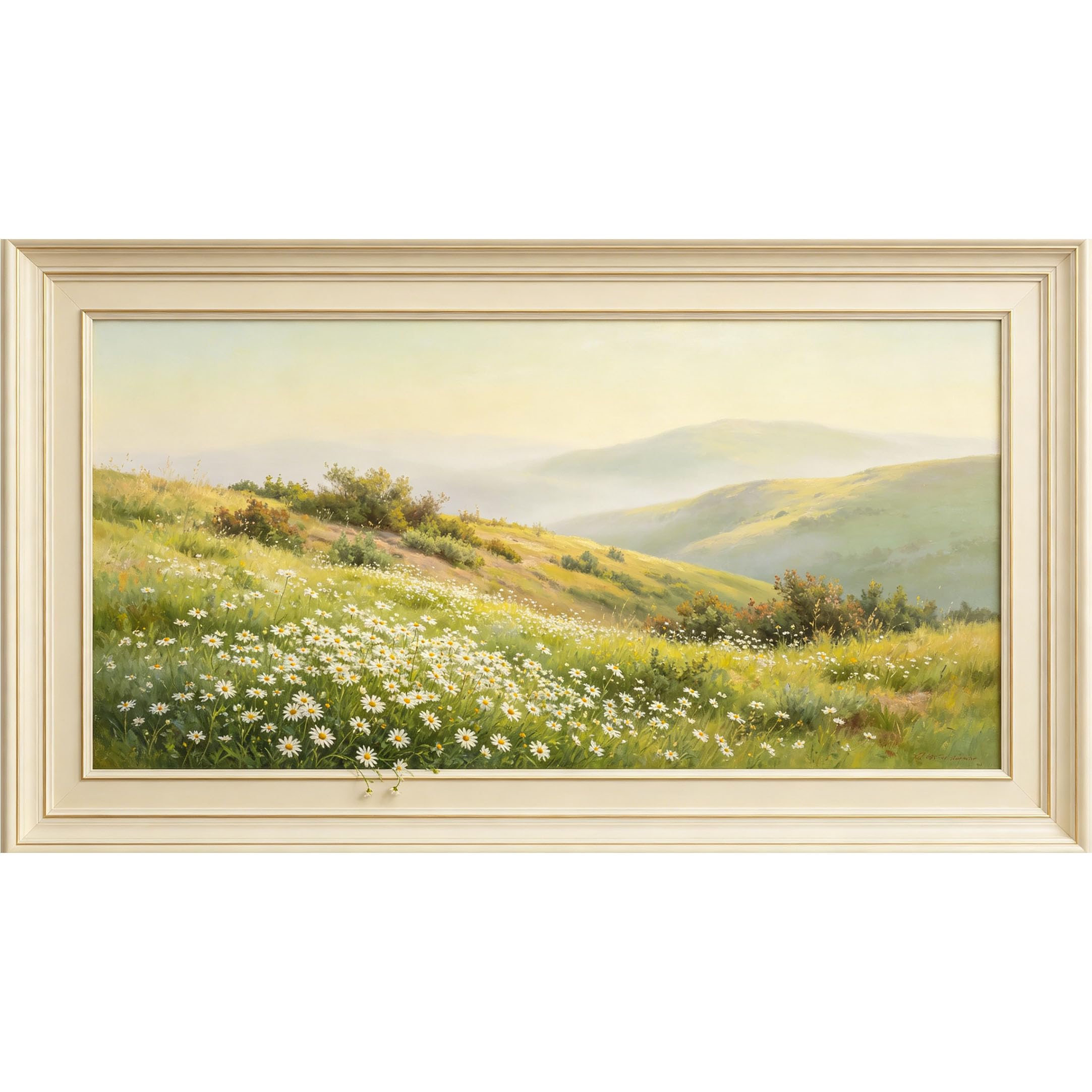 QZLITHOTIC 50x90cm3D Framed Wall Art， Botanical Daisy Meadow Landscape Self‑Adhesive Mural， Water‑Activated Peel & Stick Fabric Decor Wall Decal for Bedroom Living Room