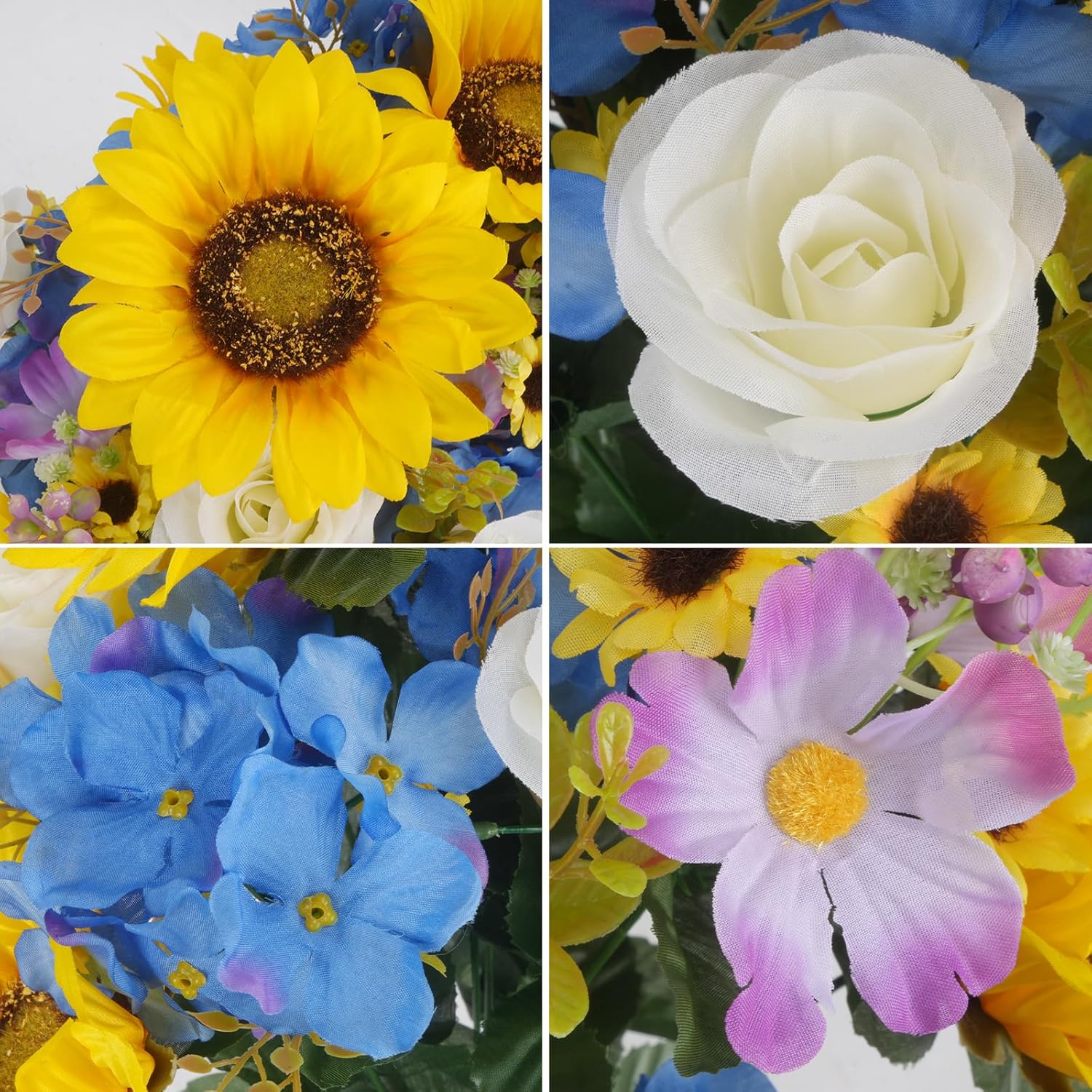 2Pcs Sunflowers Artificial Flowers Bouquets 17.7Inch Cemetery Flowers for Grave with Hydrangea Rose for Gravesites Table DIY Floral Arrangements Wedding Party Decor