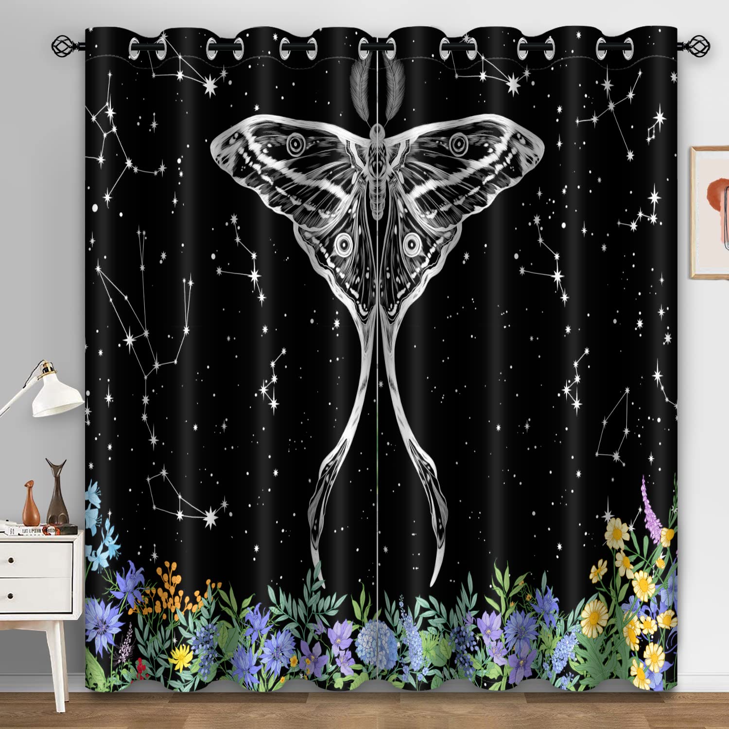 Rideaux occultants à isolation thermique avec motif papillon, fleur, coloré, étoiles, papillons, pour chambre d'enfant, salon, cuisine, 106,7 x 114,3 cm