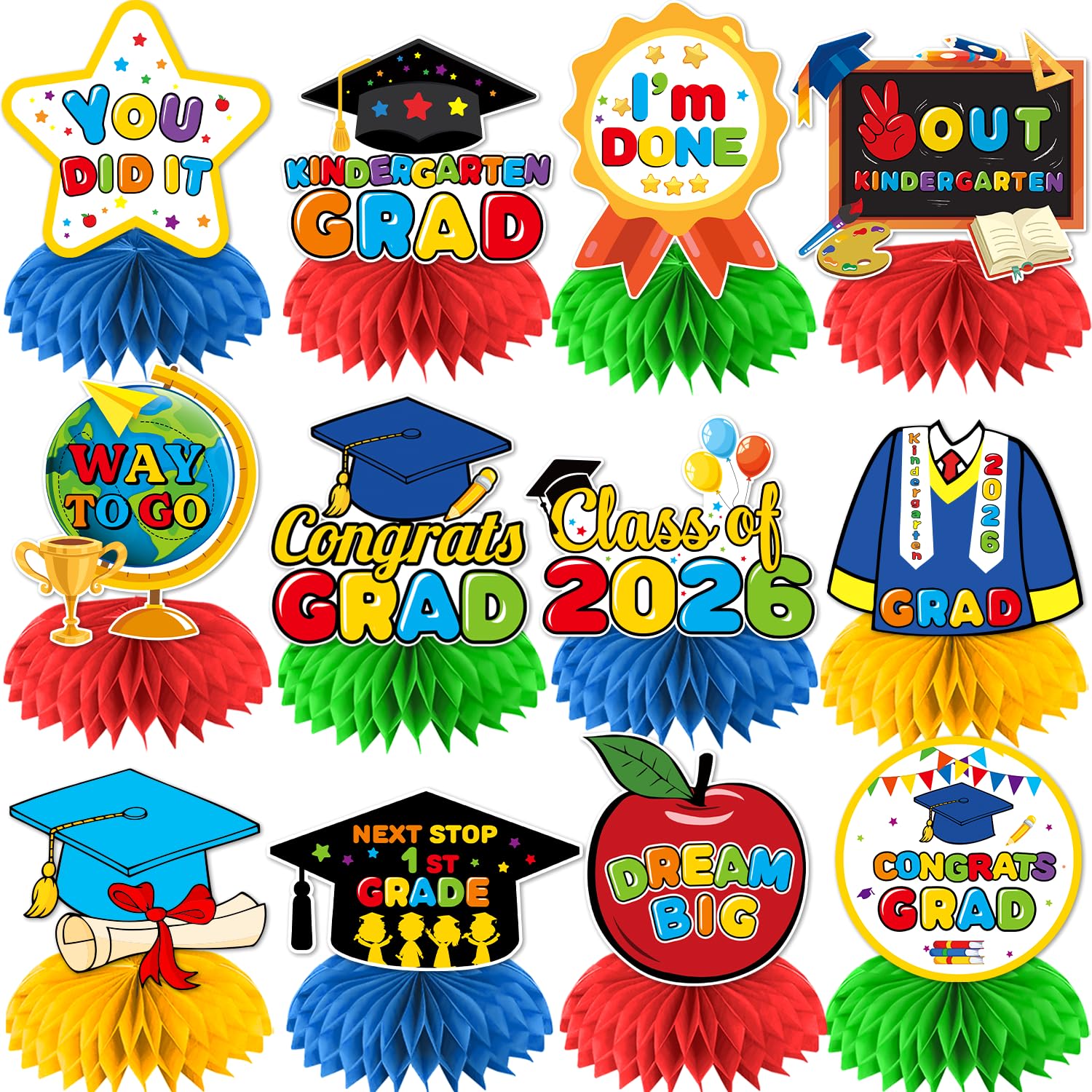 12Pcs Kindergarten Graduation Decorations Honecomb Centerpieces, 3D Kindergarten Graduation Party Decorations 2026 Honecomb Centerpiece, Class of 2026