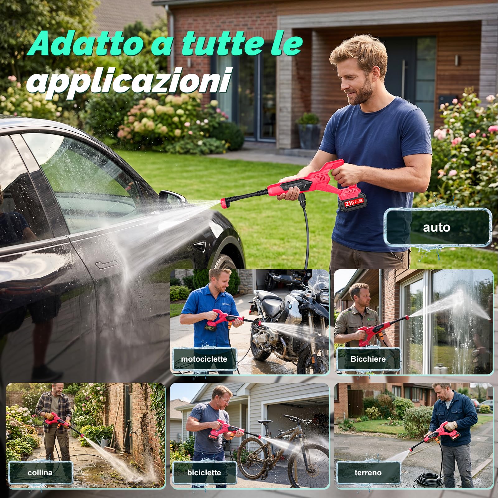 Idropulitrice a Batteria,120 bar/1700 PSI Idropulitrice Portatile con 2 x 3000mAh Batterie, Ugello 6 in 1 & Tubo da 5m per Pulire Pavimenti, Auto, Giardini - rosa