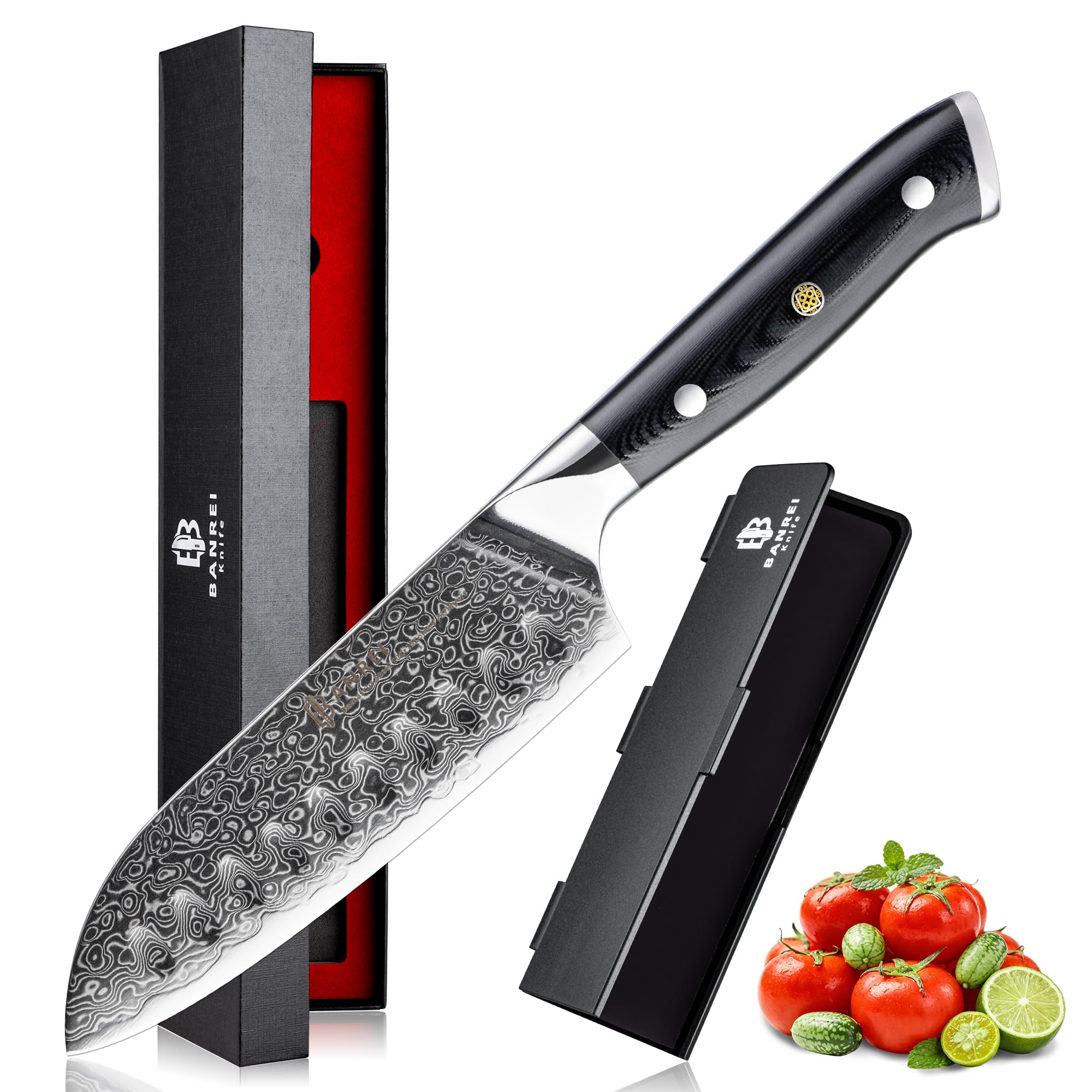 Couteau Santoku Japonais 13cm – Lame Brut de Forge – Acier Damas 67 Couches 10Cr15CoMoV 62HRC – Couteau Cuisine Ultra-Tranchant – Manche G10 Noir & Coffret Cadeau Premium