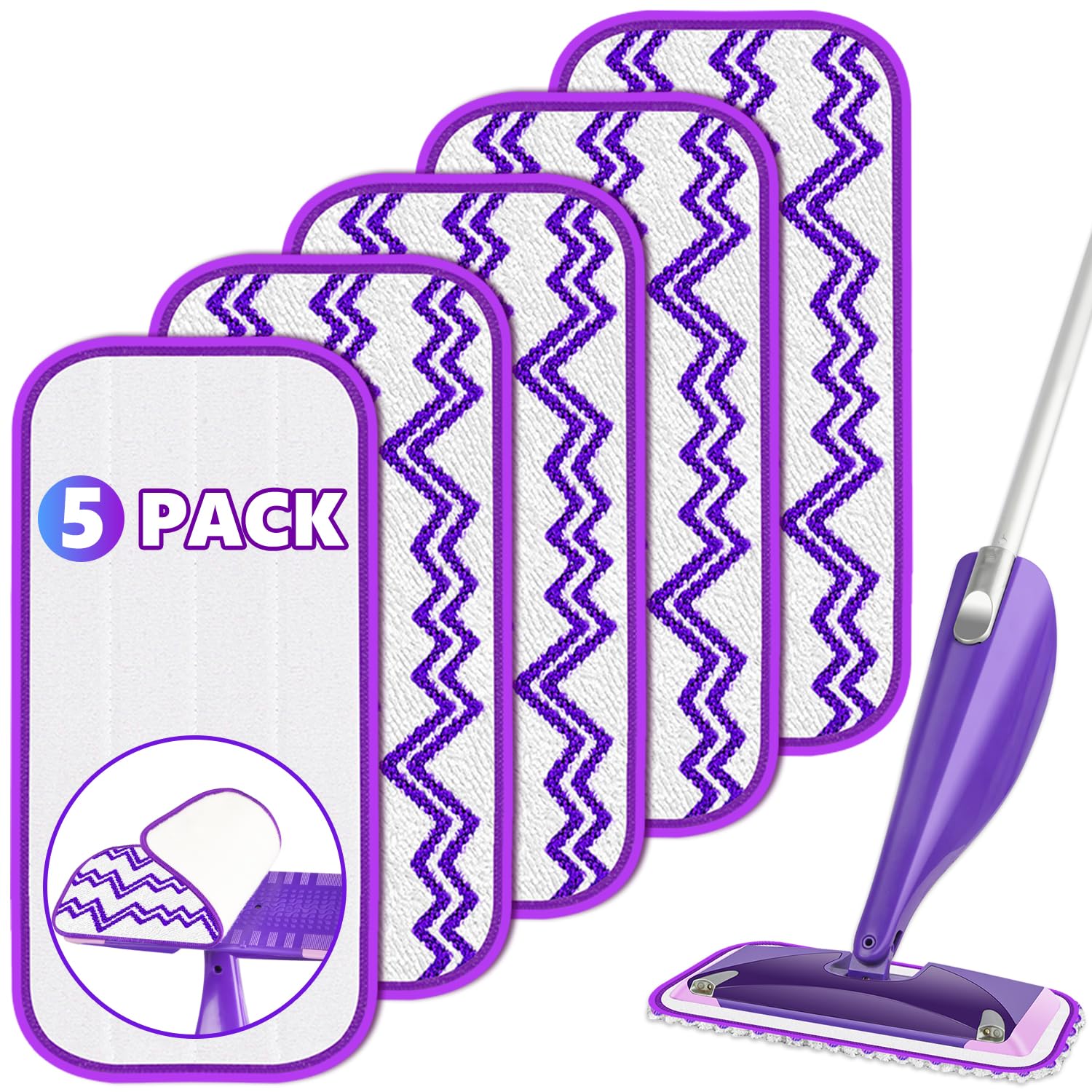 5 Pack Reusable Mop Pads Compatible with Swiffer Wet Jet Mop- Thick Swiffer Wet Pads Refills Microfiber Wet Jet Refills Washable Dry Mopping Cloths for Swiffer Wetjet 12" Spray Mop Wood Floor Cleaning