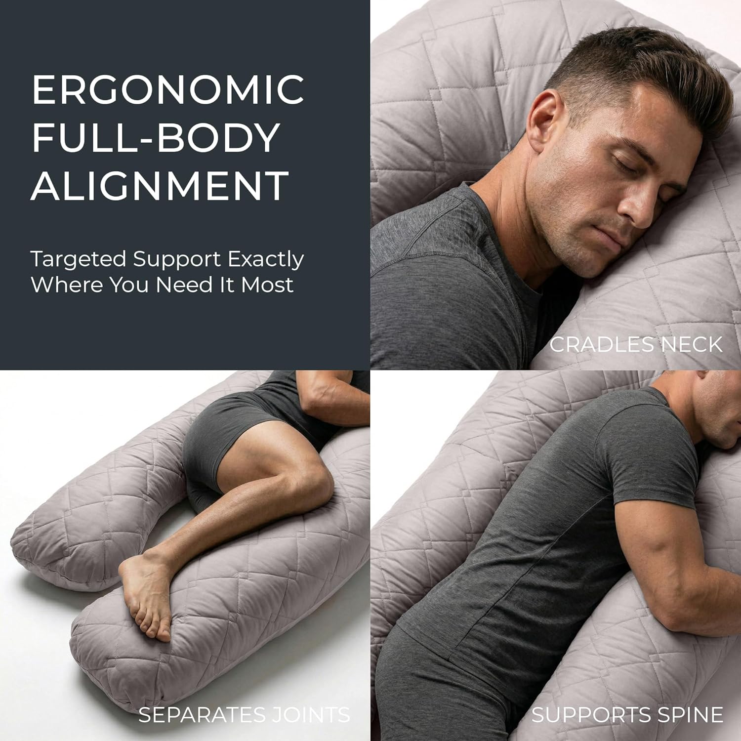 U Shaped Body Pillow for Side Sleepers Full Body Support Pillow for Back Pain Relief & Recovery Quilted Microfiber Cover Firm Long Pillow Full Body Maternity Pregnancy Pillow 55 Inches Gray
