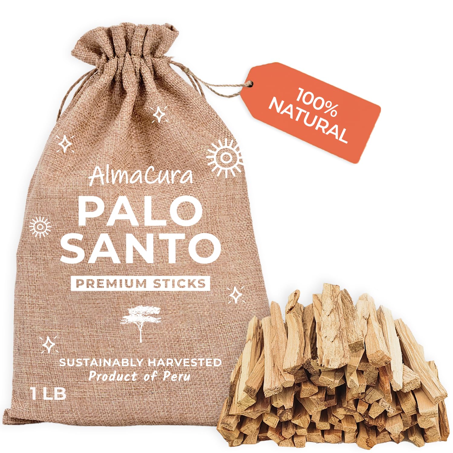 Palo Santo Premium 0,5 kg Bulk Real Sticks AlmaCura (Soul Healing) Authentic from Peru (not Ecuador) Ethically Harvested Used for Meditation, Stress Relief, Energy Cleansing. (no burlap bag)