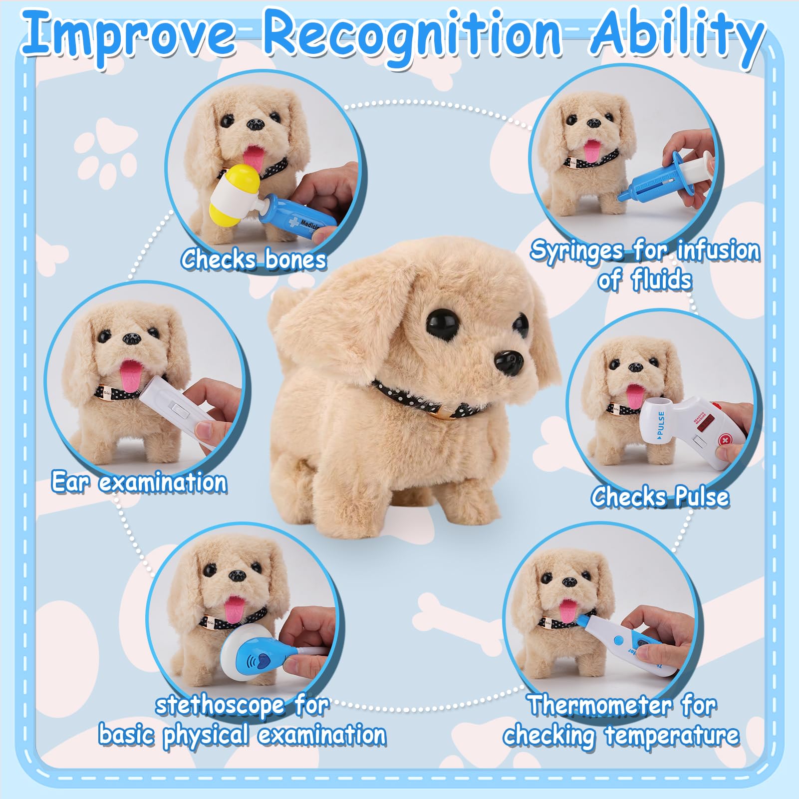 TEUVO Doctors Set for Kids - Children Pet Vet Care Play Set with Vet Doctor Costume, Dog Toys, Stethoscope, Pretend Role Play Medical Kit Toys Gifts for 1 2 3 4 5 6 7 8 Year Old Toddlers Girls (25Pcs) - Image 3