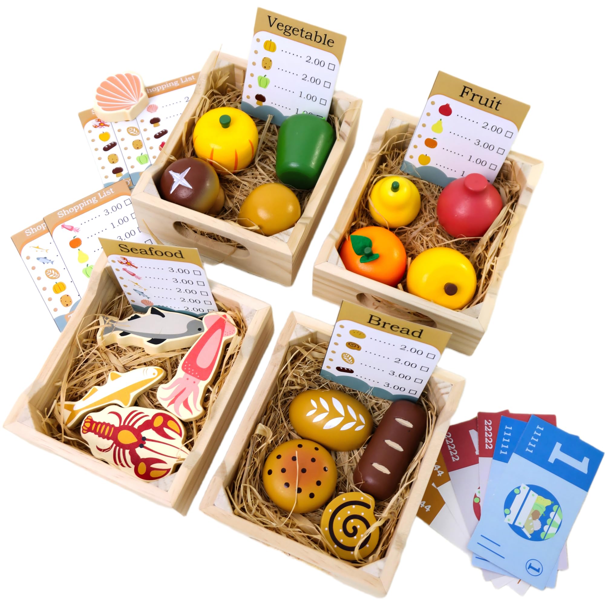 Wooden Play Food Sets for Kids Kitchen, 36 Pieces Realistic Toy Foods Bread Fruit Vegetables Seafood and 4 Crates for Toddlers Pretend Play Kitchen Grocery Store Accessories Set for Boys and Girls 3+
