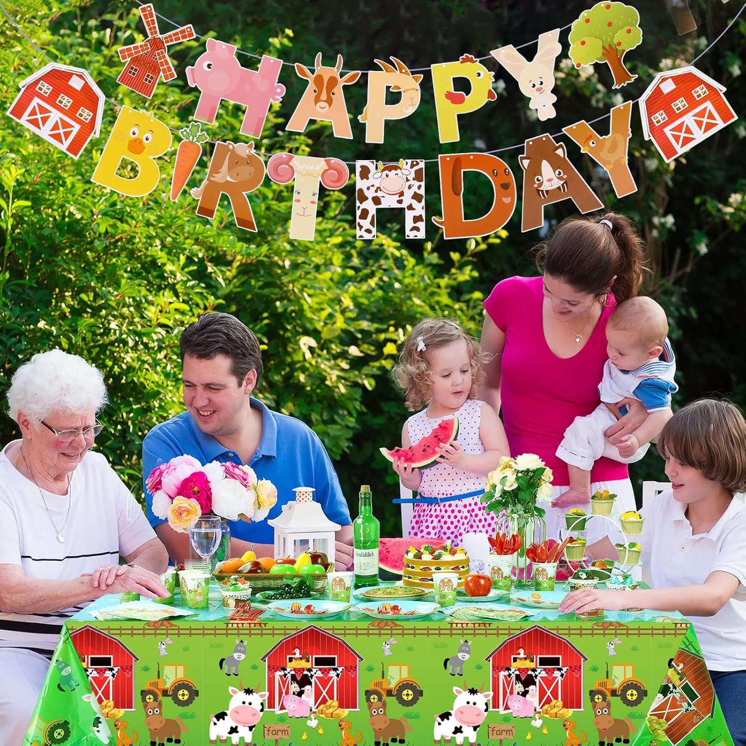 Pajean 171 Pcs Farm Birthday Decorations Happy Birthday Animals Theme Party Supplies 24 Guests Dinner Plates Dessert Plates Cups,Napkins and Banner for Baby Shower Farm Party Decoration(Vivid) - Image 7