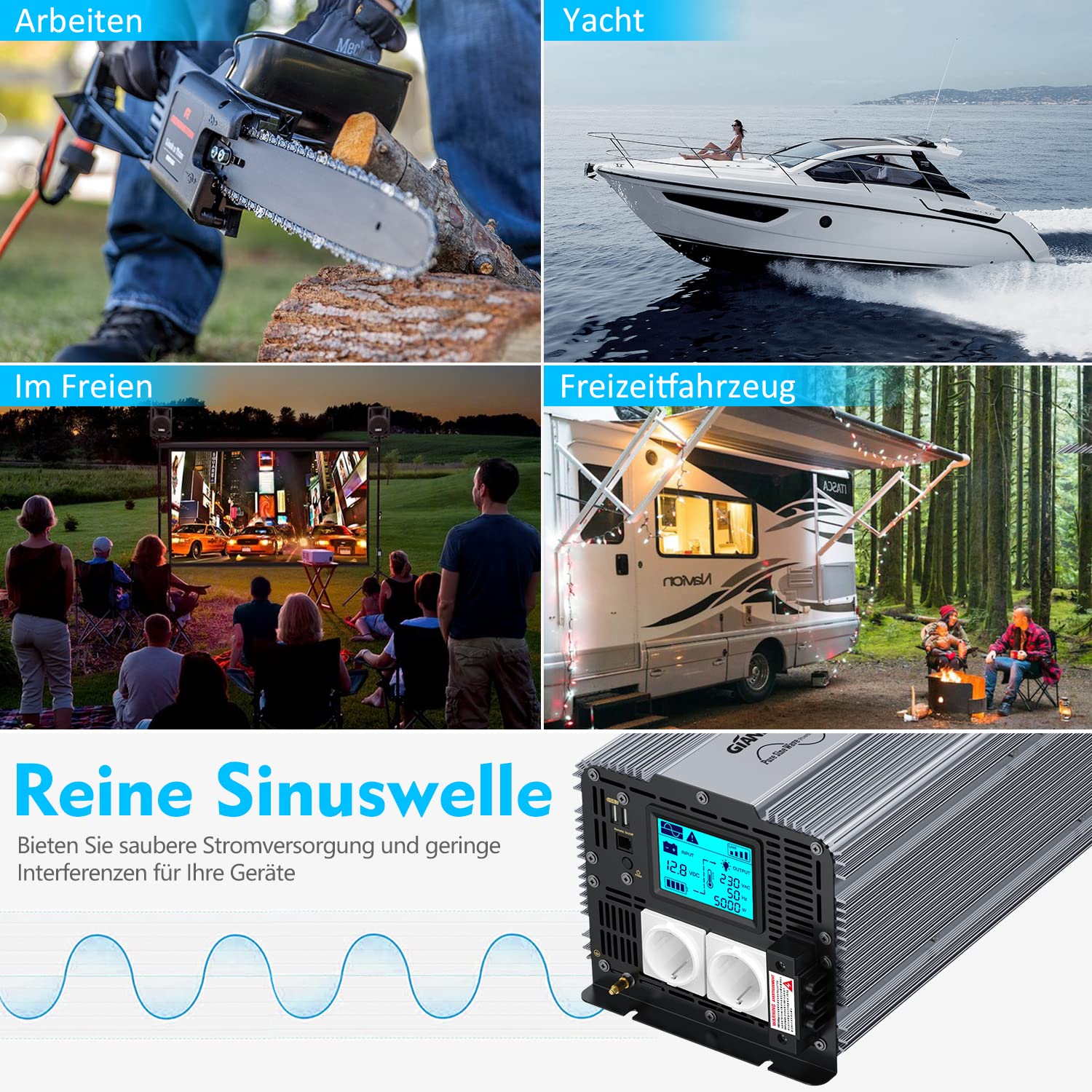 GIANDEL Inversor de voltaje de 5000 W, 12 V a 230 V, compatible con batería de litio para instalación solar, autocaravana, camión, campista, con mando a distancia de 30 pies, gran pantalla LCD