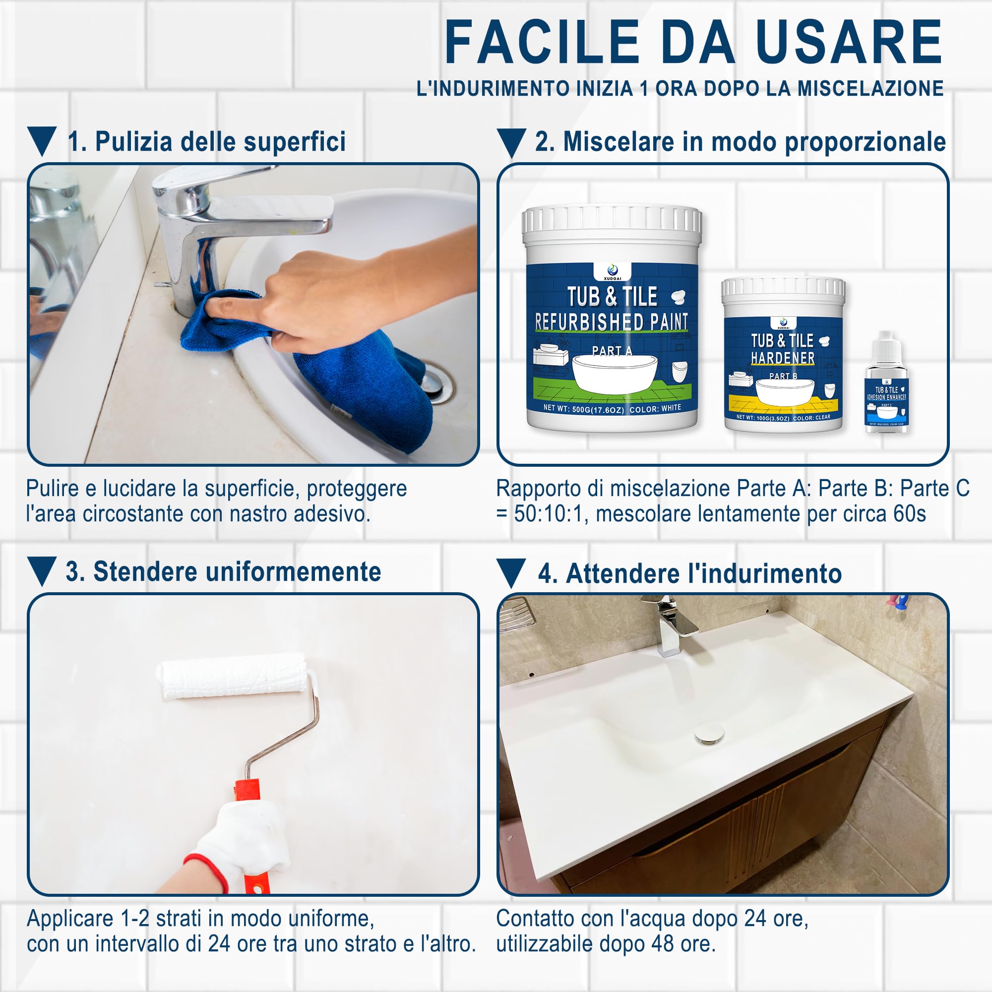 XUDOAI Smalto Sanitari e Ceramiche Vernice Bianco Lucido 610g, Pittura per Piastrelle Bagno/Cucina/Doccia/Porcellana/Lavello/Ceramica Rinnovo del Colore e Copertura Superficiale