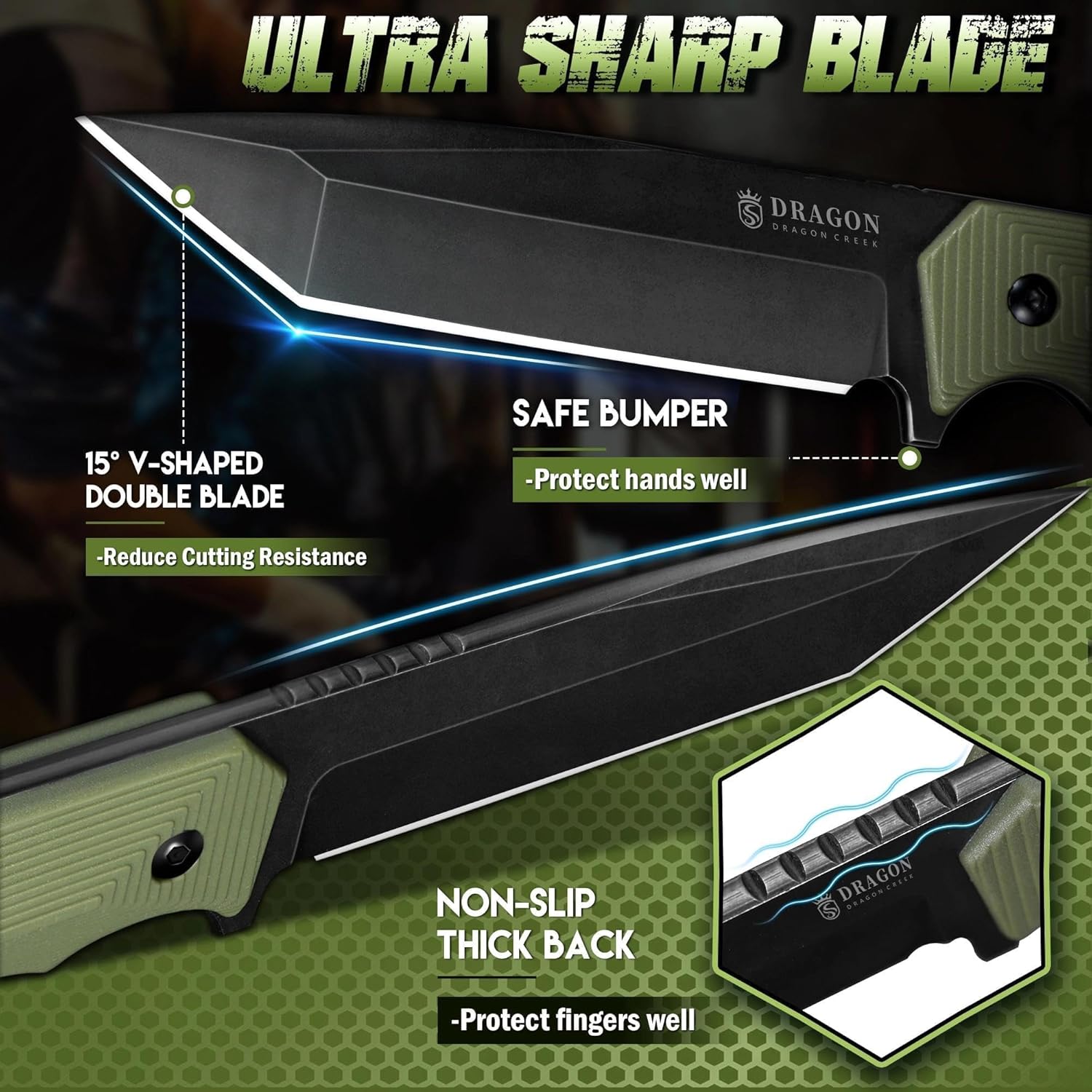 Dragon Creek Fixed Blade Knife - Full Tang Handle Black