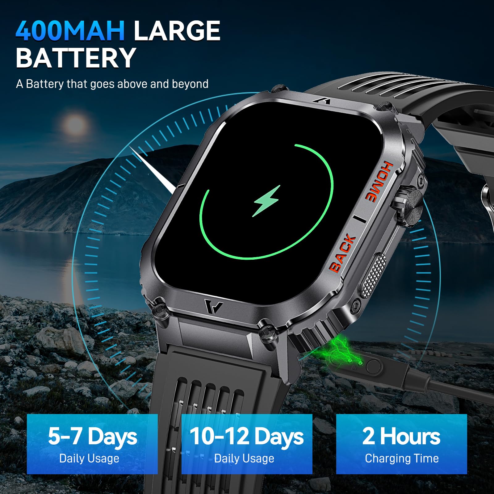 JELLOO Męski smartwatch z połączeniem Bluetooth 2.02'' HD 5 ATM, wodoodporny, wojskowy smartwatch z 110 trybami sportowymi, krokomierz, kalorie, puls, monitor, zdrowie dla systemu Android iOS