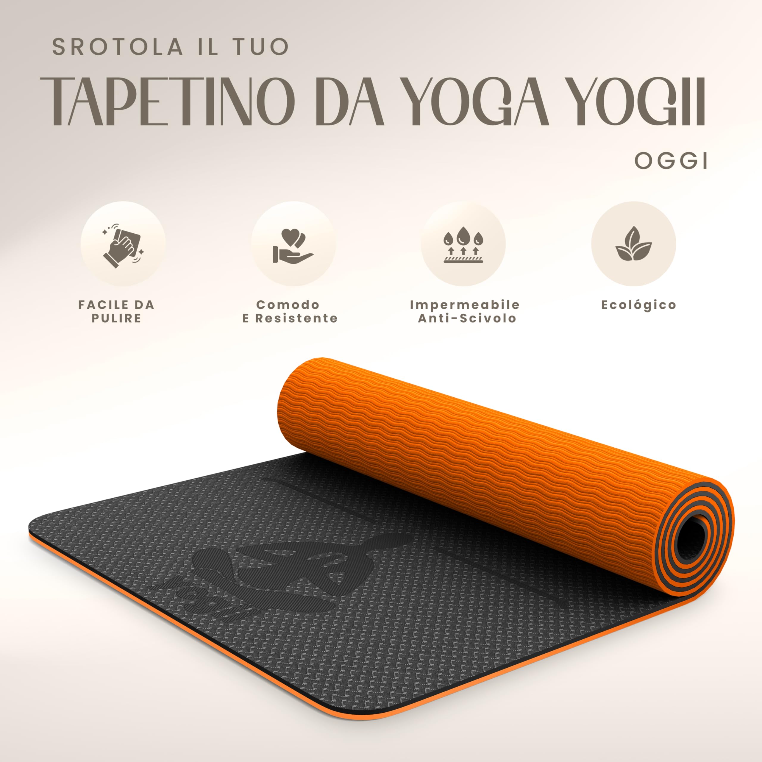 Yogii Tappetino Yoga Antiscivolo Ecologico - 183 x 61 x 0.6cm Tappetino Palestra Spesso in TPE di Alta Qualità - Tappetino Fitness Antiscivolo - Tappetino Pilates Antiscivolo - Yoga Mat