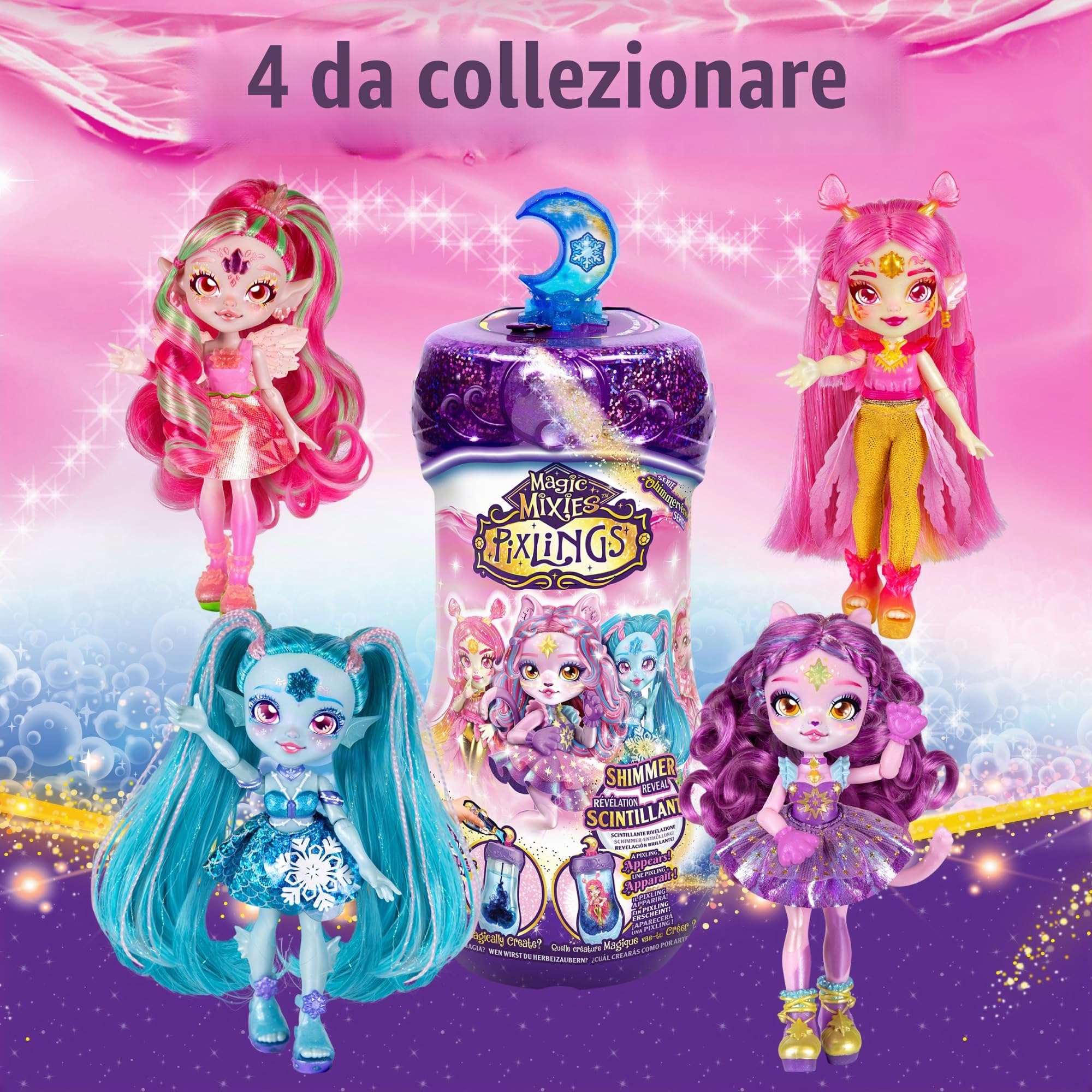 Magic Mixies Pixlings, Bambole Pixlings Magiche, 4 Bambole diverse: 2 Reimmaginate e 2 Nuove, Fashion Doll da 15 cm, Giocattolo Segreto con Rivelazione Magica con Pozioni, Famosa (MG101000)