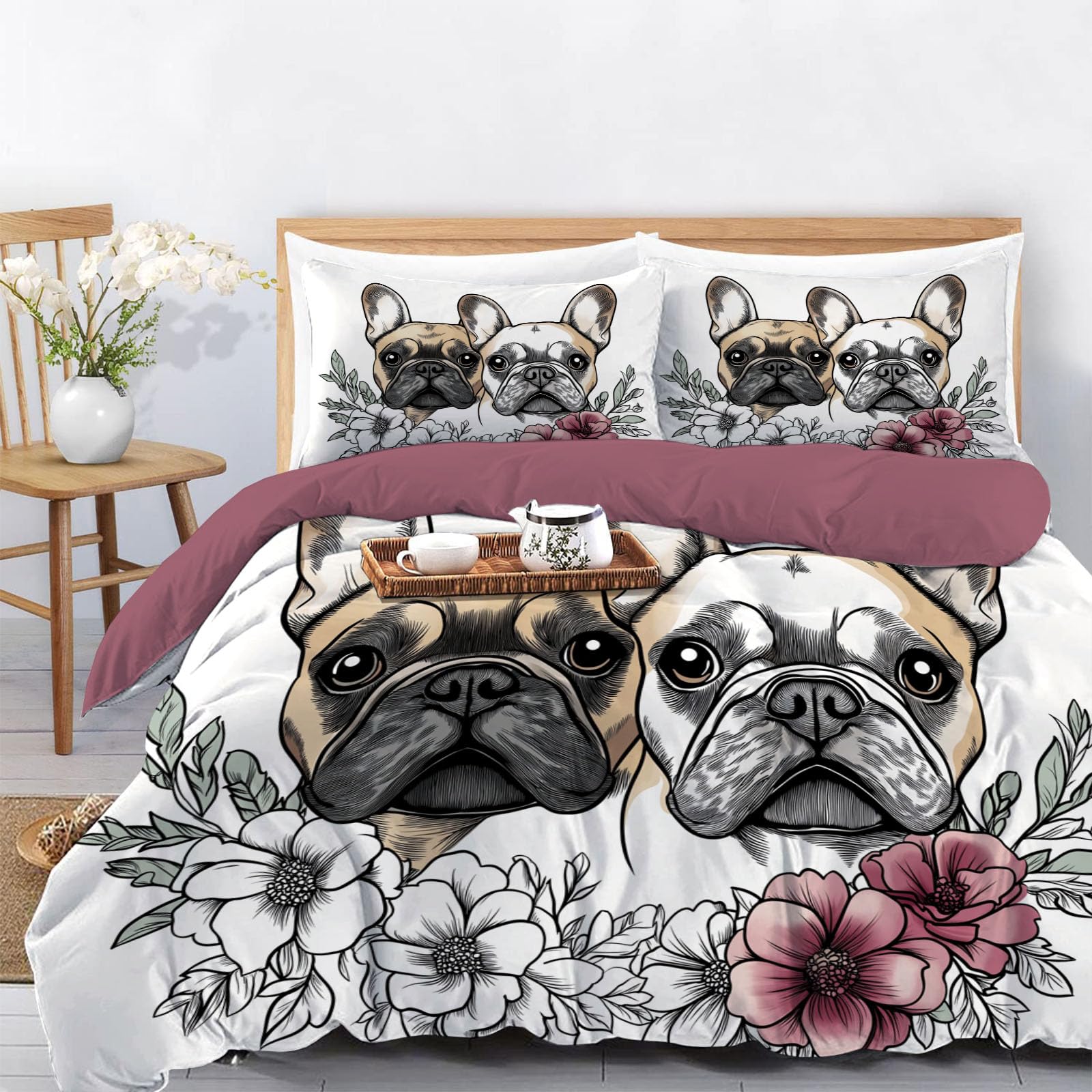 Parure de lit bouledogue français 220x240cm pour une chambre cosy style animaux et fleurs