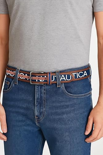 Miniatura 2 de Nautica Men's Signature Leather and Canvas Belt Ribbon Detail Flag Design Classic Casual Metal Buckle