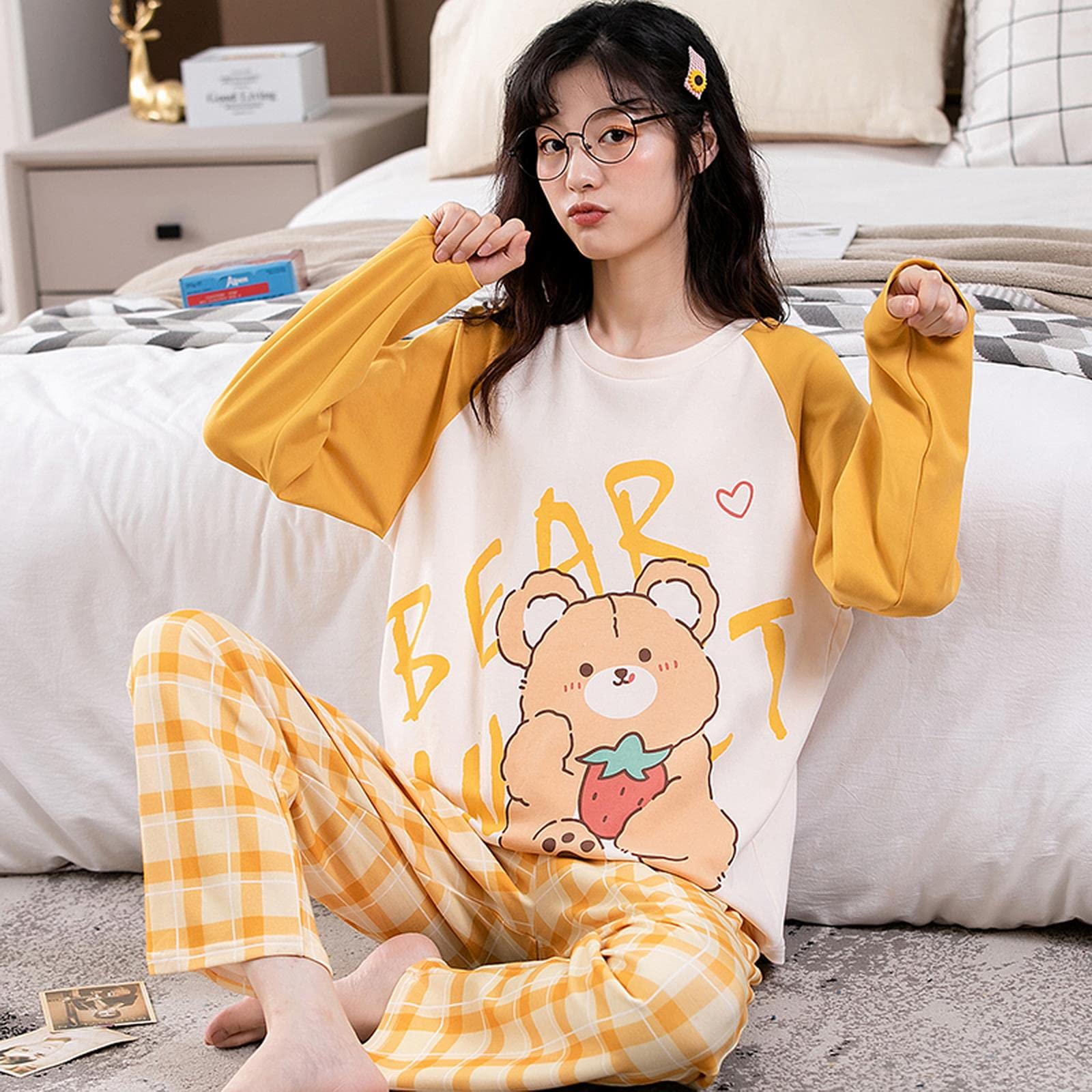 MOGSA Pyjama en coton pour femme - Printemps et automne - Motif à carreaux