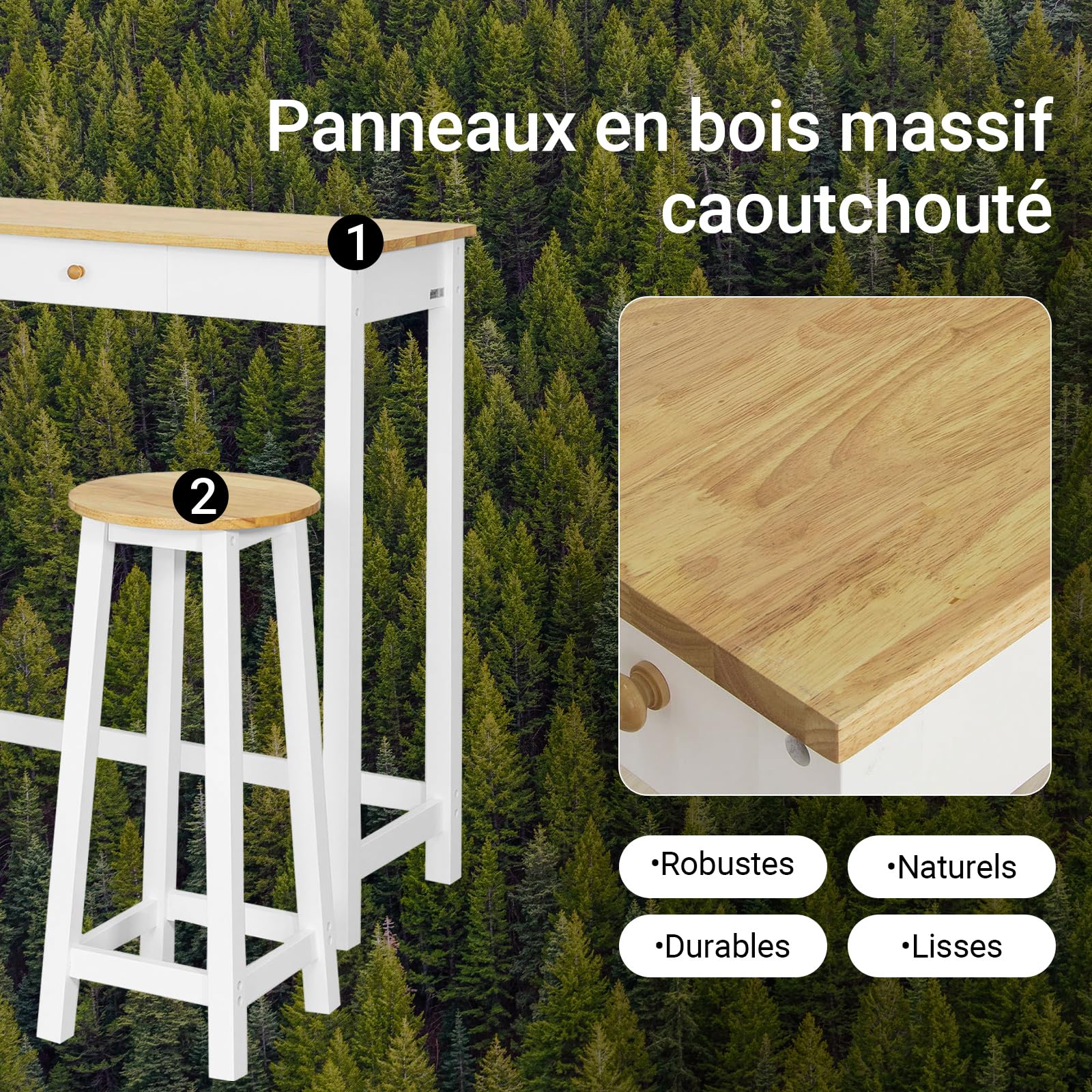SoBuy FWT50-WN Set de 1 Table + 2 Tabourets Ensemble Table de Bar bistrot + 2 tabourets avec Repose-Pieds Table Mange-Debout Table Haute Cuisine – Blanc Naturel