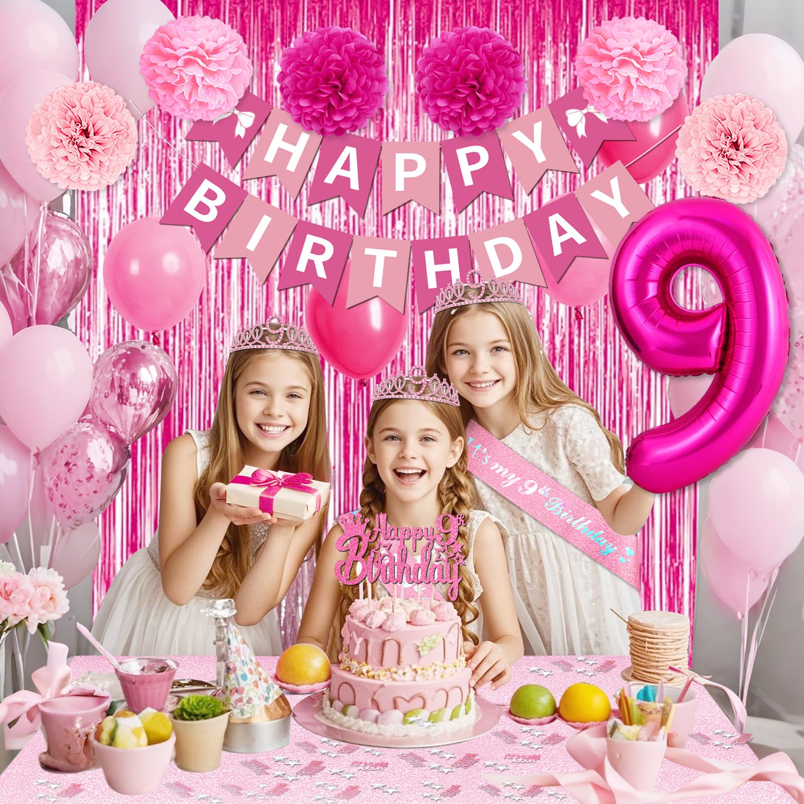 9th Birthday Decorations for Girls, Pink Party Decorations with