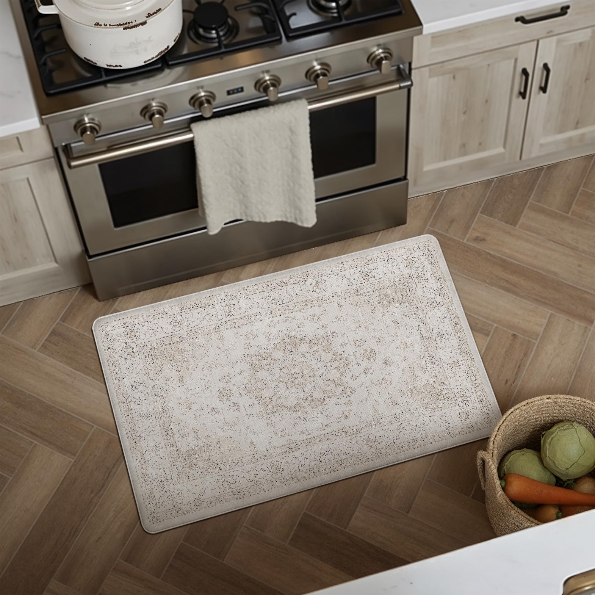 Kitchen Mats 2PCS Anti Fatigue Cushioned Mat Beige Vintage Kitchen Mats for Floor Waterproof Non Slip Comfort Standing Oriental Medallion Rug for Sink Laundry Office 17.3"x47"+17.3"x30" — view 7