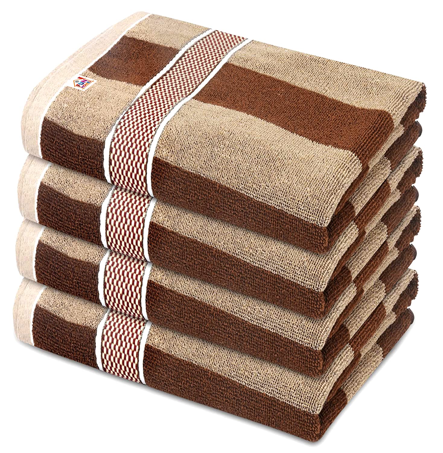 Fun Homes Lining Cotton Bath Towel with Check Border, 30"x60"- Pack of 4 (Dark & Light Brown)-HS_38_FUNH21408