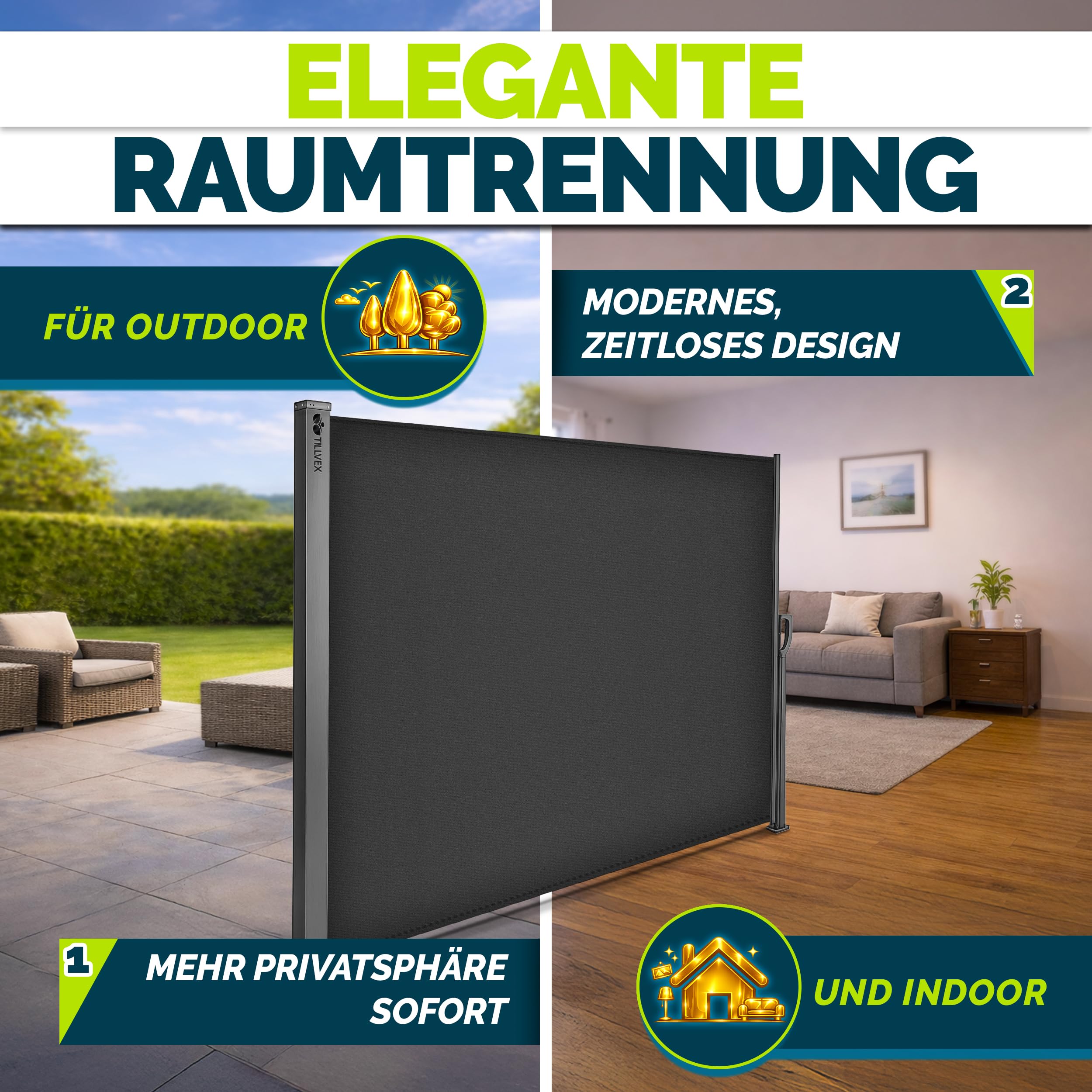 tillvex® Seitenmarkise 160 x 300 cm ausziehbar & Blickdicht mit Regencover