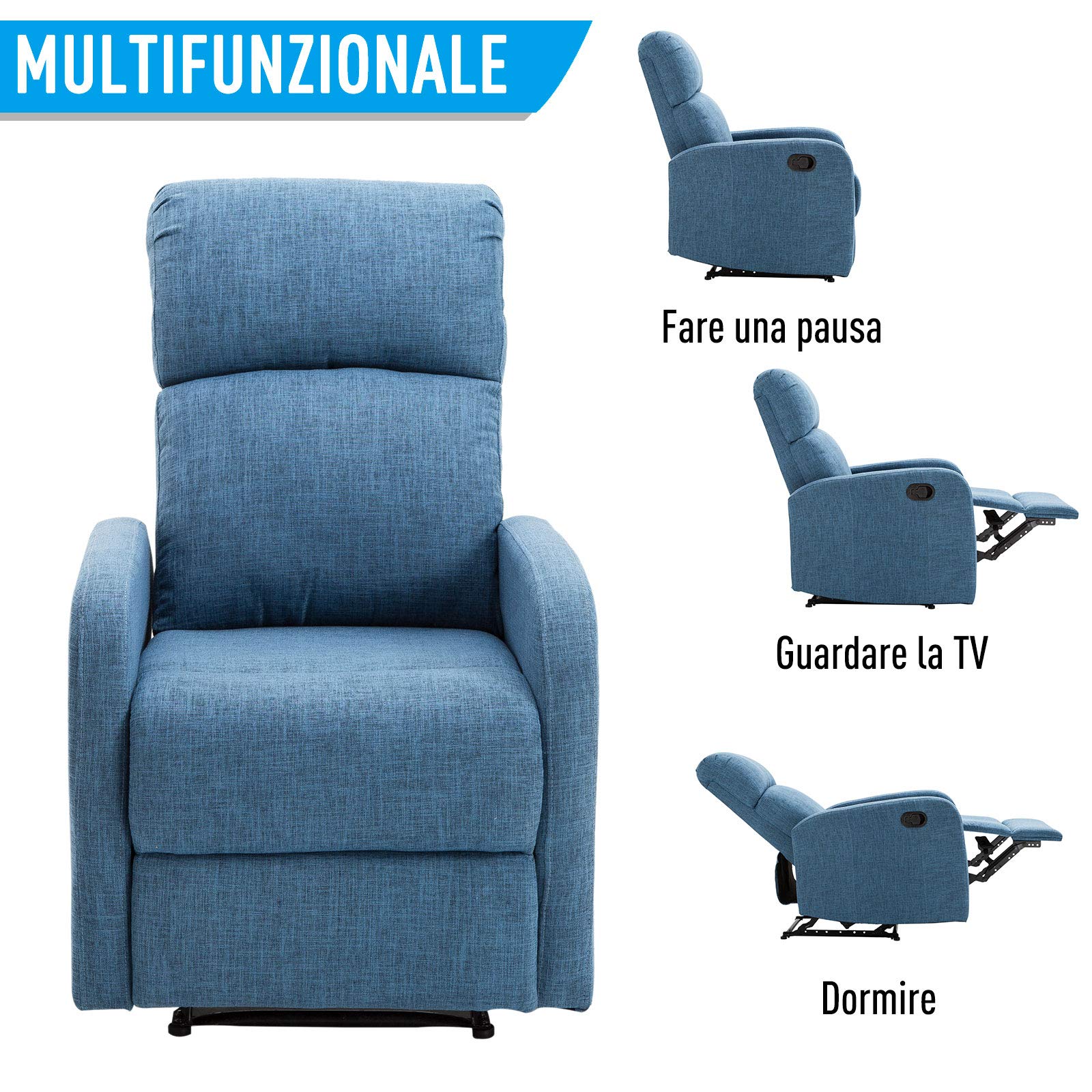 HOMCOM Poltrona Relax Reclinabile Manuale con Poggiapiedi Portata 125kg Tessuto di Lino 67 × 83 × 107cm Blu