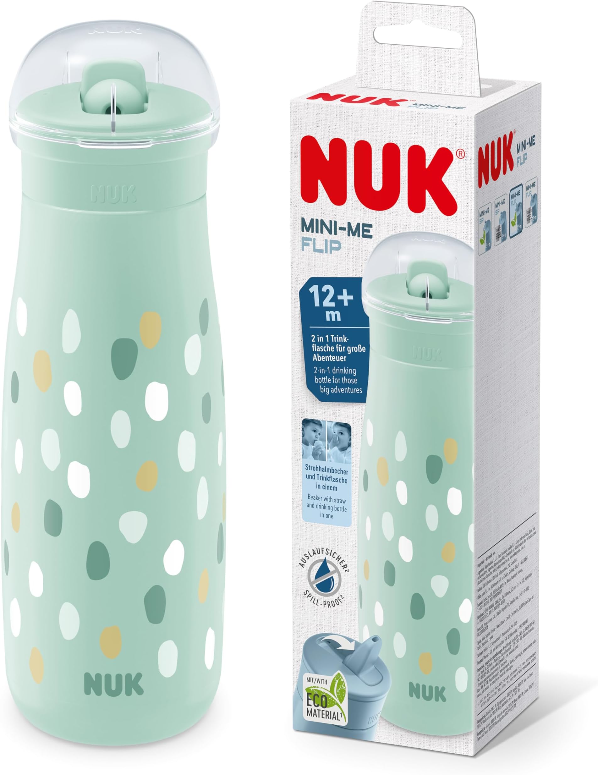 NUK Mini-Me Flip Toddler Cup with Straw | 12+ Months | 450 ml | Kids Water Bottle | Leak-Proof Toughened Spout | Shatter-Proof | Mint Dots
