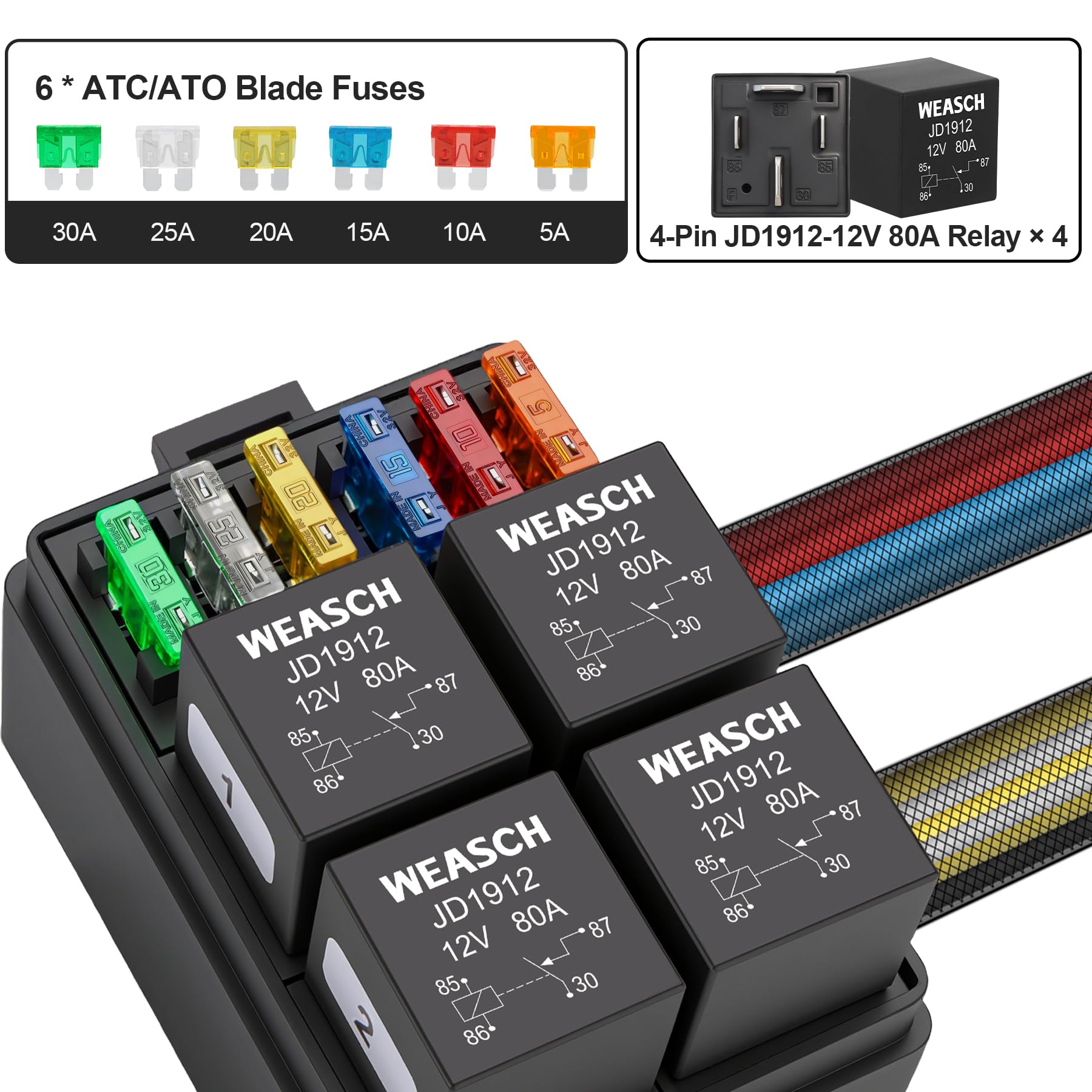 Scatola relè 12 V 80 Amp, scatola relè precablata a 6 vie, 4 relè e 6 fusibili a lama ATC/ATO, pannello relè universale, per auto, camion, jeep, barche marine