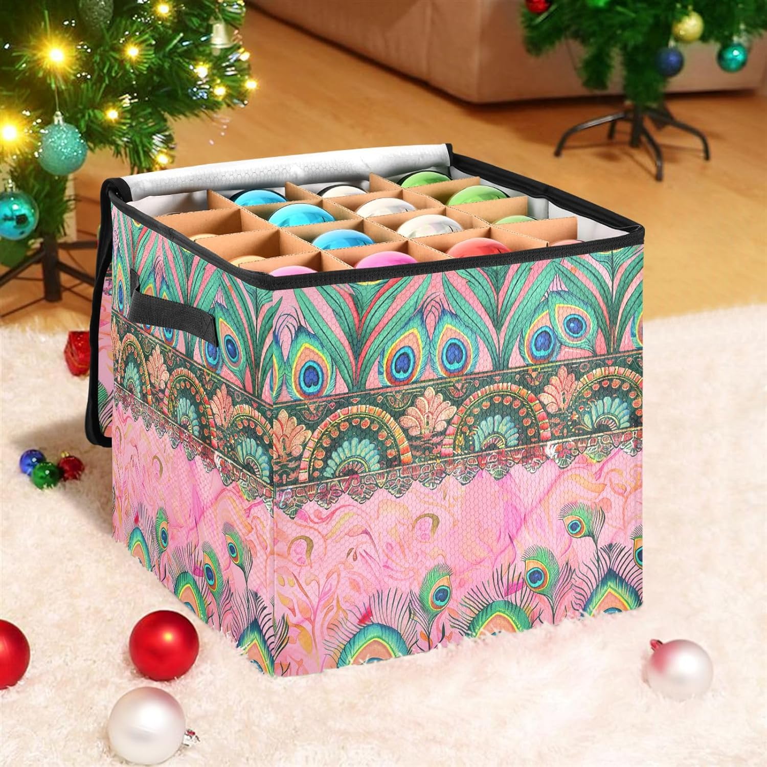 High Capacity Christmas ornament organizer Holds Up to 64, Two Handles Foldable Holiday Storage Case with Lid,Peacock Feathers and Green