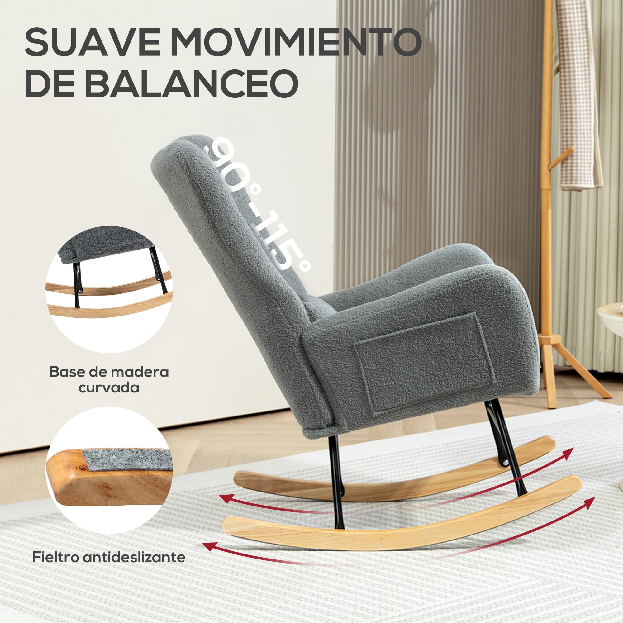 HOMCOM Silla Mecedora Moderna, Mecedora Tapizada en Terciopelo de Teddy, Sillón de Lactancia con Respaldo Acolchado Alto, Almohada, Patas de Madera, Bolsillo Lateral, para Dormitorio, Salón, Gris