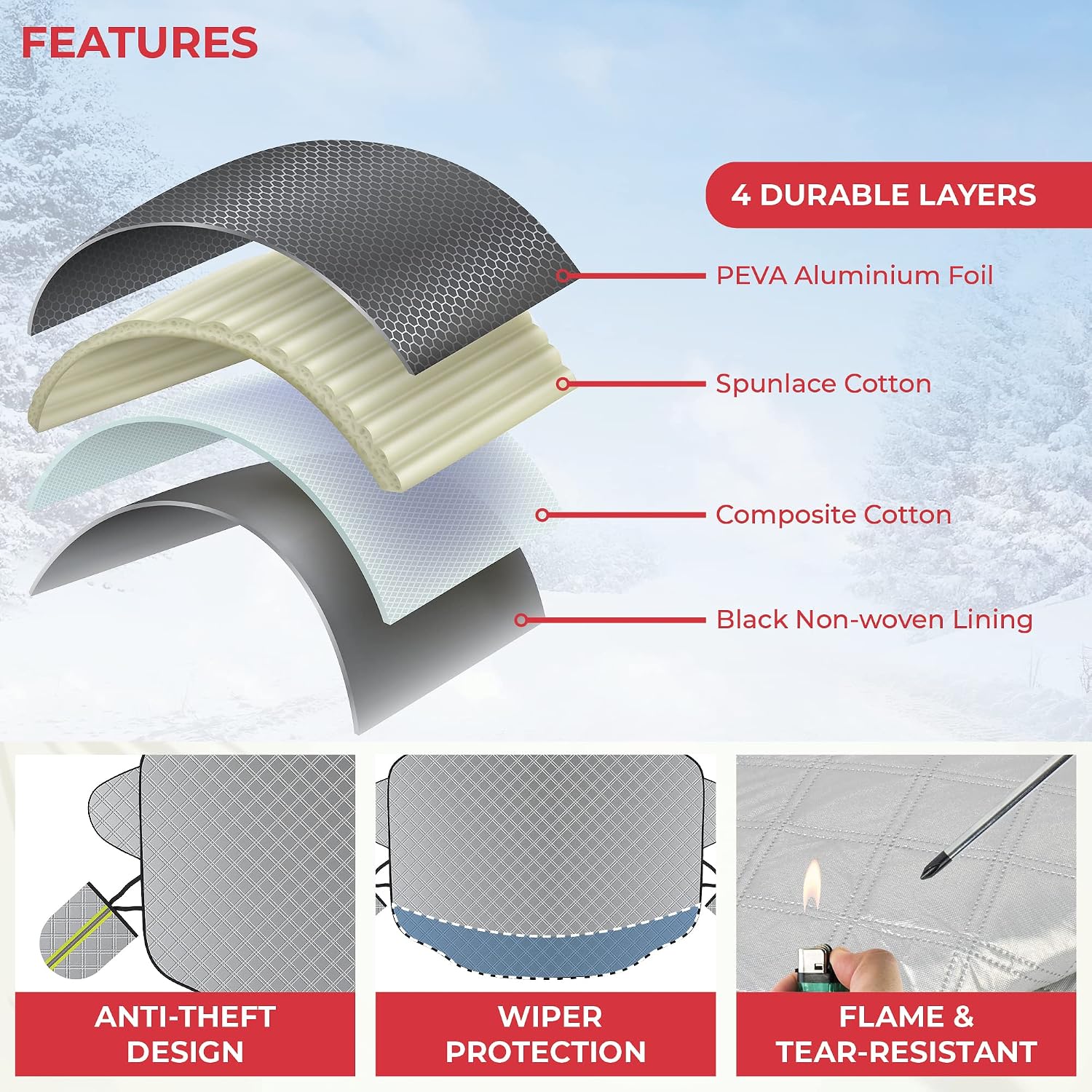 Car Windscreen Cover - Magnetic Windshield Cover for Winter with Wing Mirror Covers, Foldable Extra Thick Windscreen Protector for Frost/Ice/Snow/Sun, Fits Medium-Large Cars/SUVs (Large) image 3