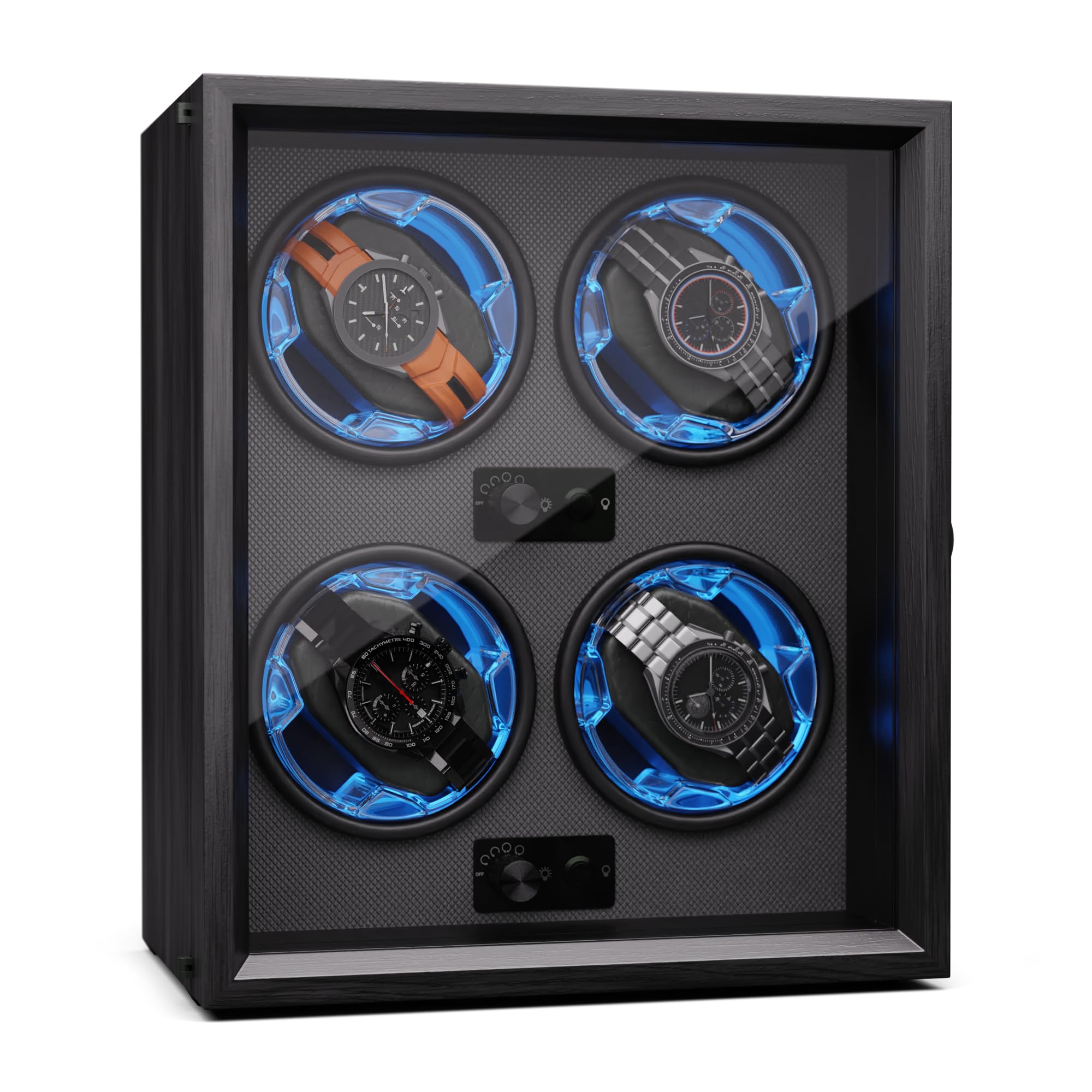 Klarstein Uhrenbeweger für Automatikuhren, Automatik-Uhrenbeweger für 4 Uhren mit Acryl-Tür, Automatischer Blaue LEDs, Watch Winder mit 4 TPD Einstellungen