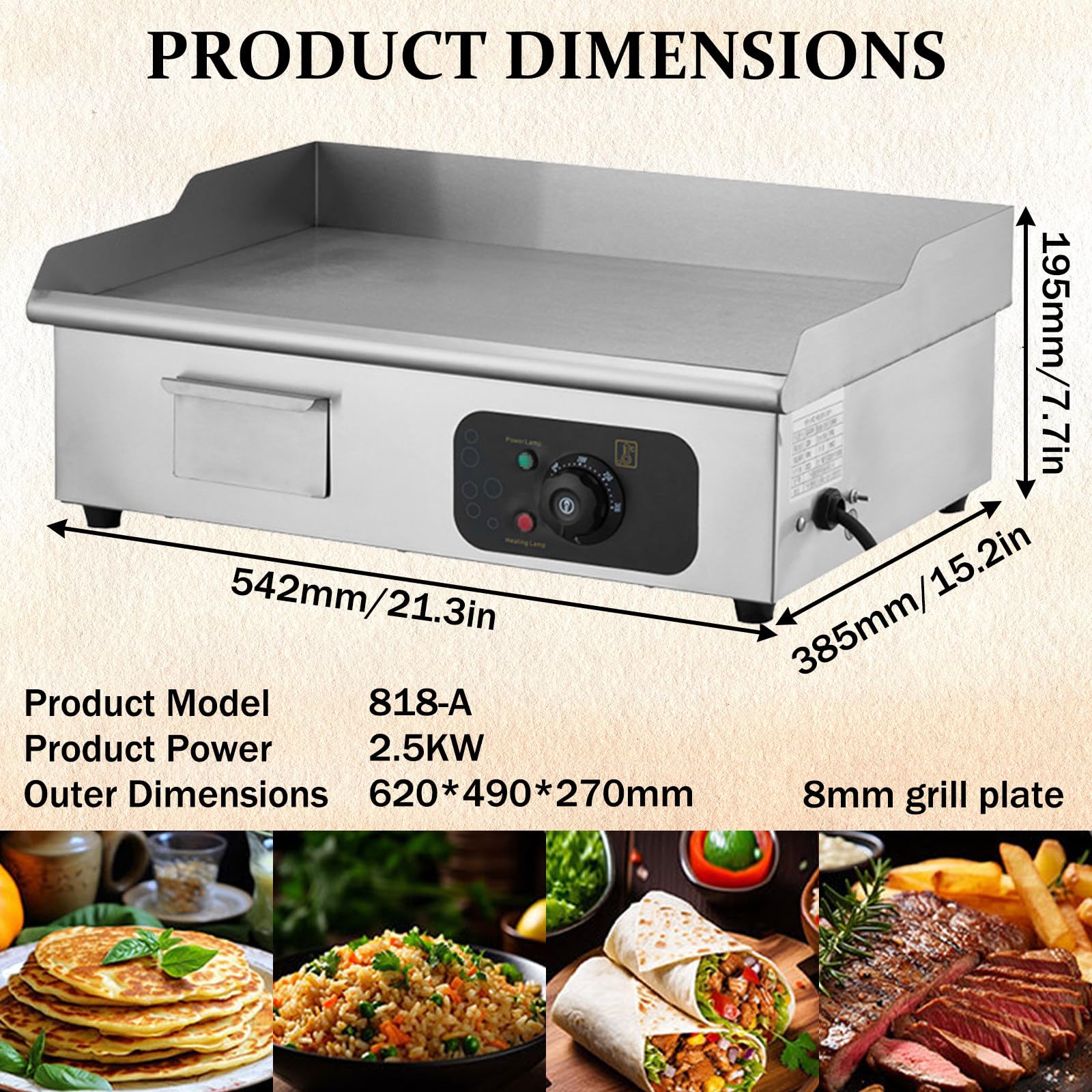 Plancha EléCtrica Comercial, Parrilla Superior Semiplana, Temperatura De 50-300 °C, Placa Industrial con Bandeja Recoge Grasa, para Hogar O Restaurante 818-A