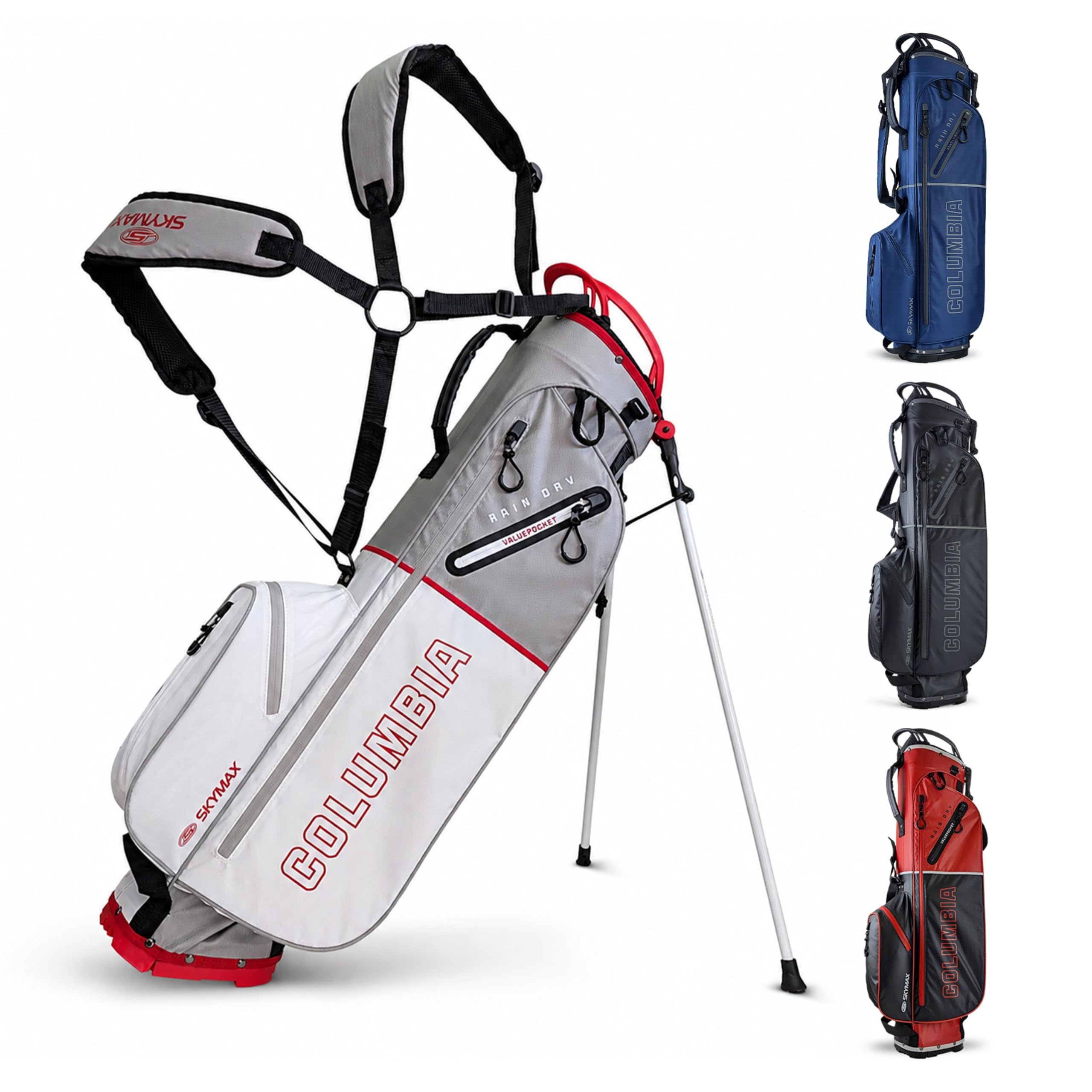 Skymax Columbia Rain Dry Stand Bag 2.0 Grey/White – Waterproof Golf Stand Bag with 5 Pockets, Dual Strap & Rain Hood