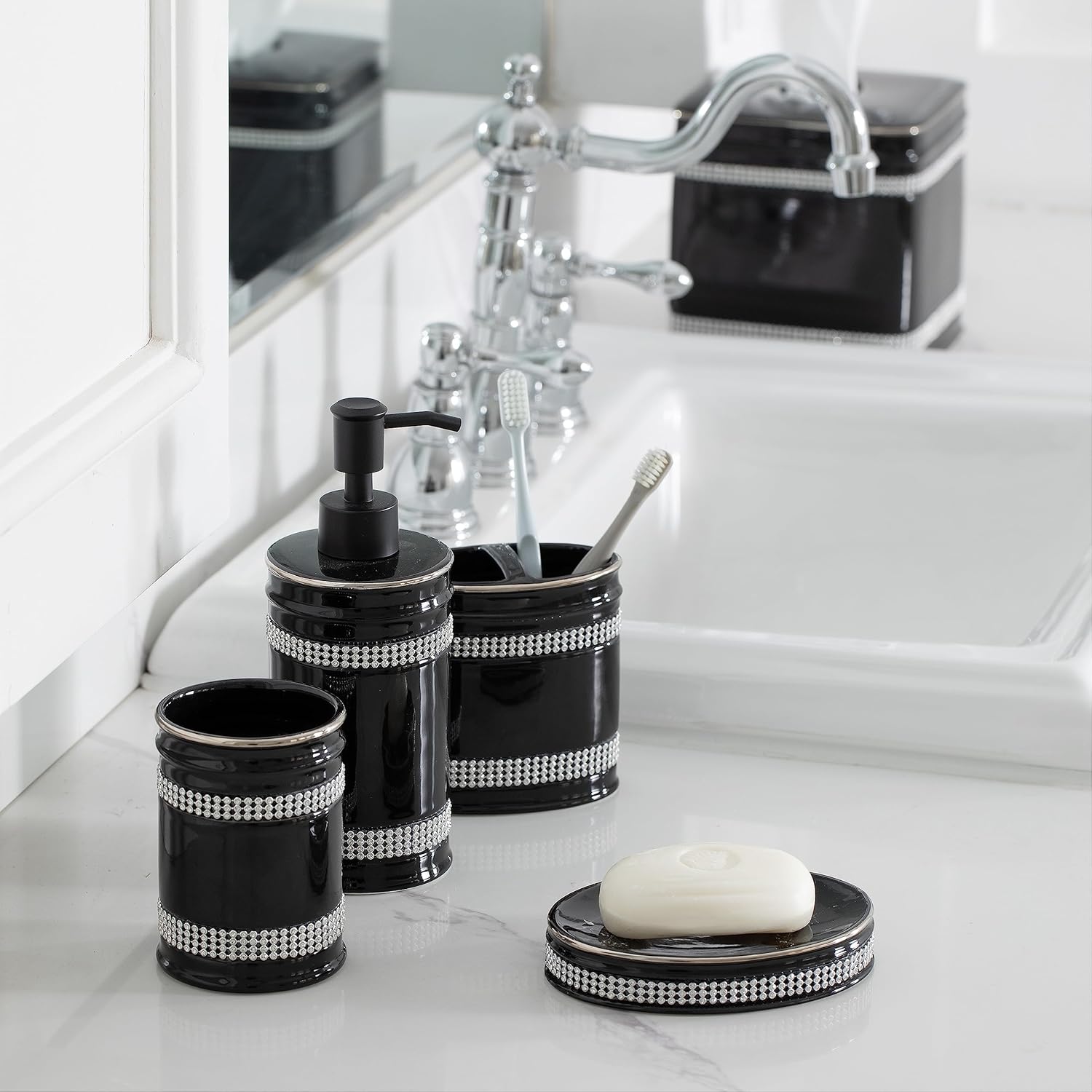 Bathroom Accessories Set, 4-Piece Ceramic Bath Accessory Complete Set with Lotion Dispenser/Soap Pump, Tumbler, Soap Dish and Toothbrush Holder (Rhinestones, Black)