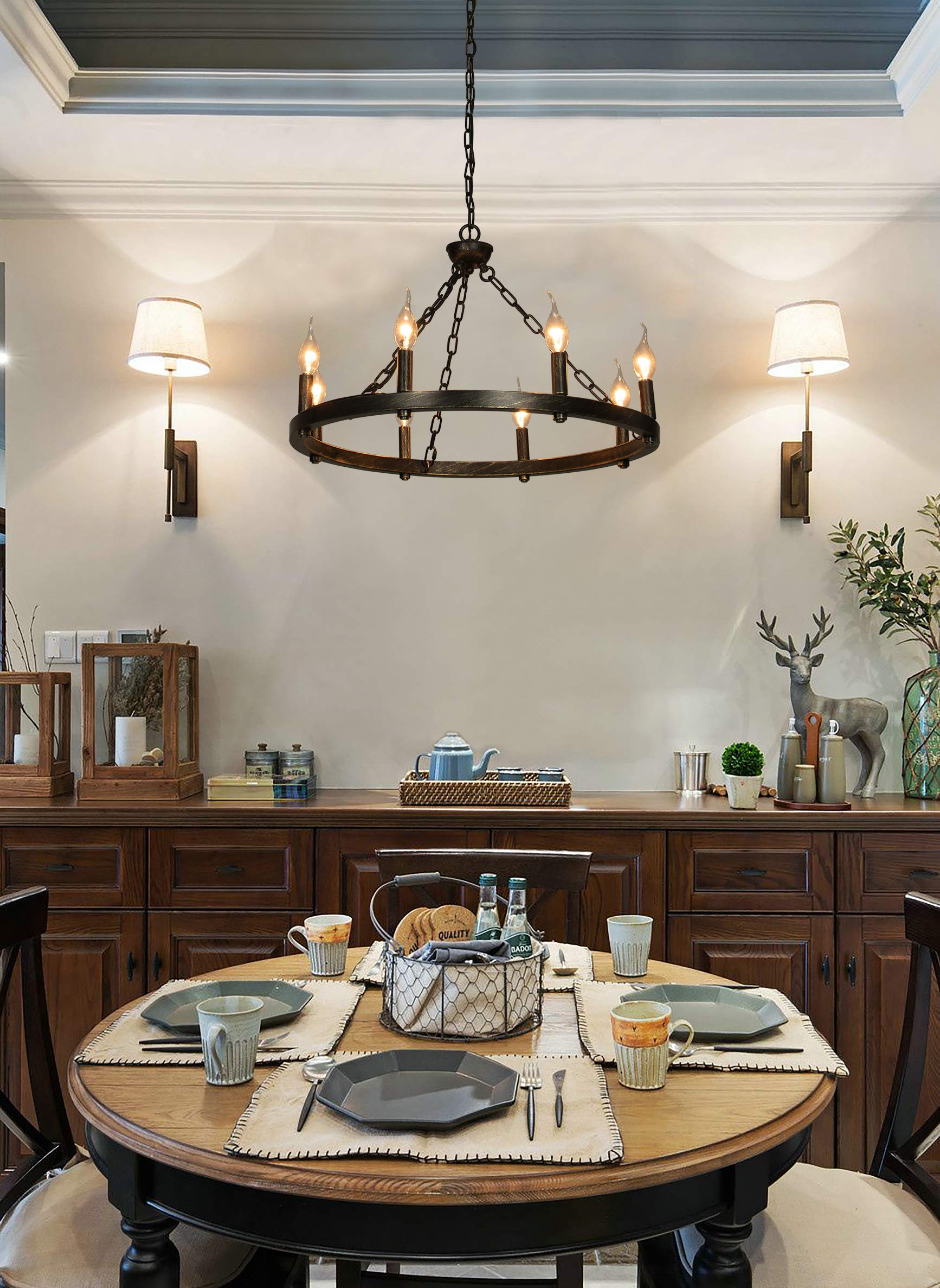 8-Light Wagon Wheel Chandelier. Country/Farmhouse Industrial Vintage. Black Antique Paint Finish