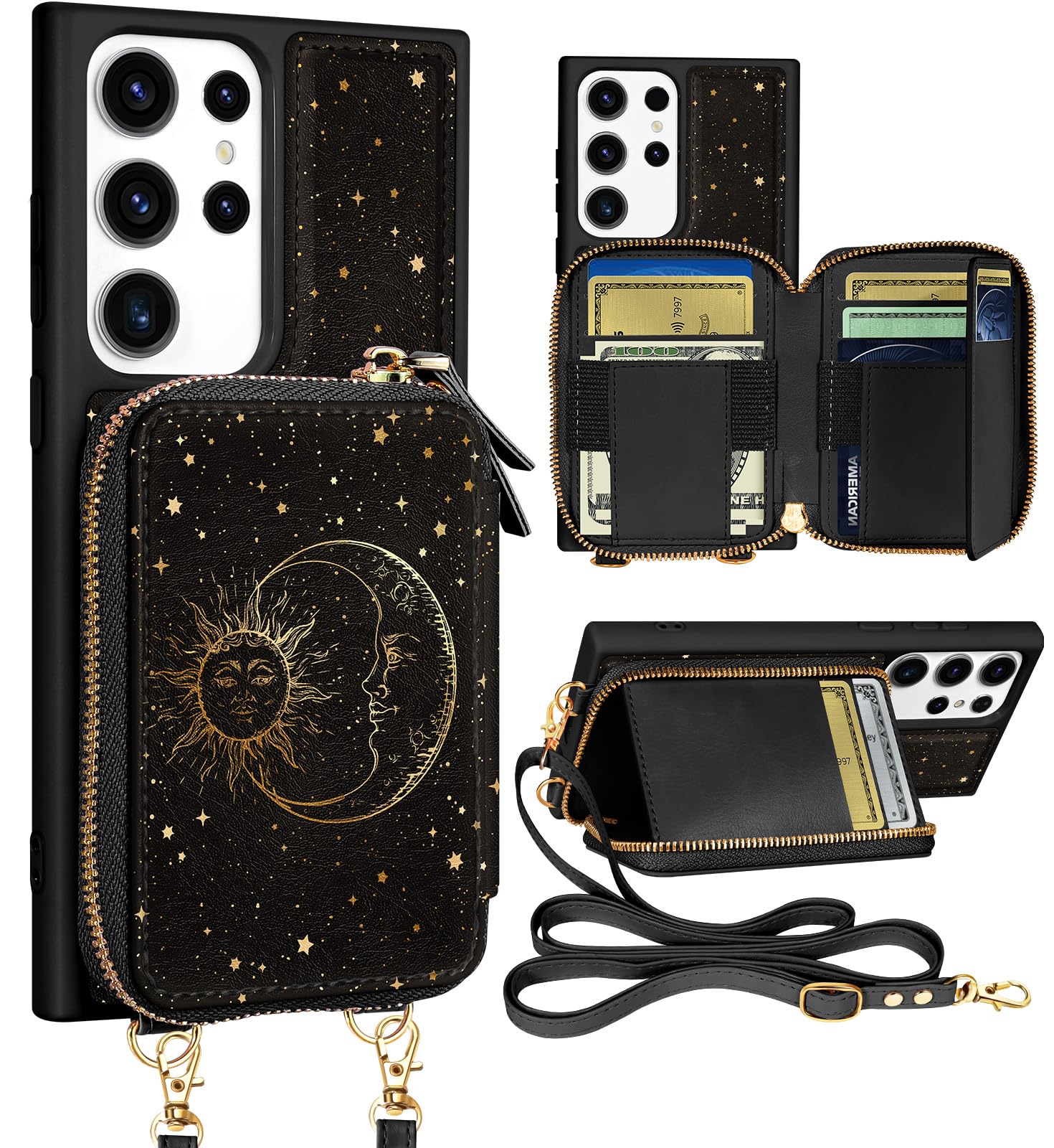 Shorogyt for Samsung Galaxy S23 Ultra Case Wallet Crossbody, RFID Blocking Card Holder Slots Designer Sun Moon Leather Handbag Purse Phone Cases with Lanyard for S23 Ultra