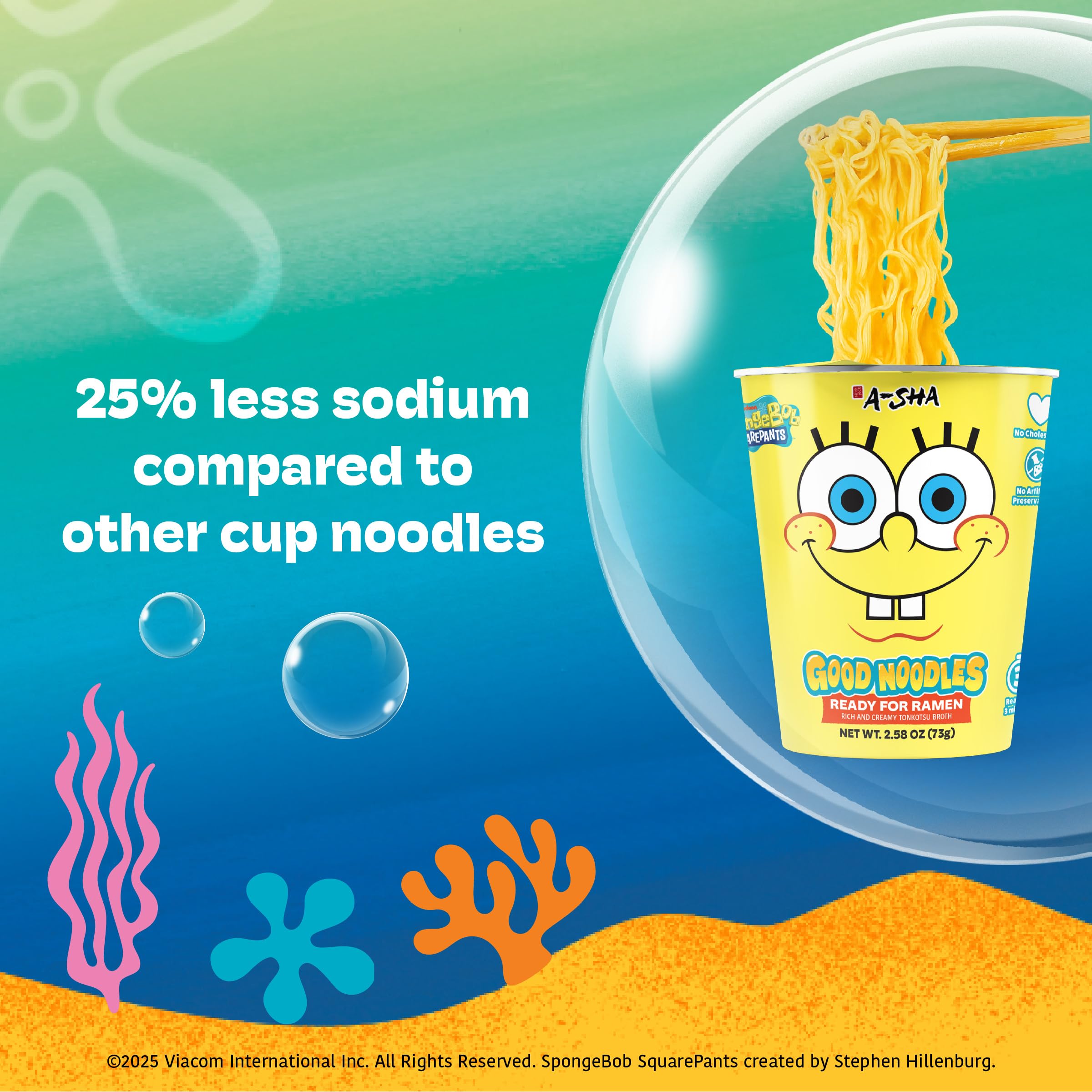 A-Sha & SpongeBob Squarepants Good Noodles (6 Pack) | Ready for Ramen (Mildly Spicy Flavor) | Rich and Creamy Tonkotsu Broth | Better For Your Microwaveable Ramen Soup Mix