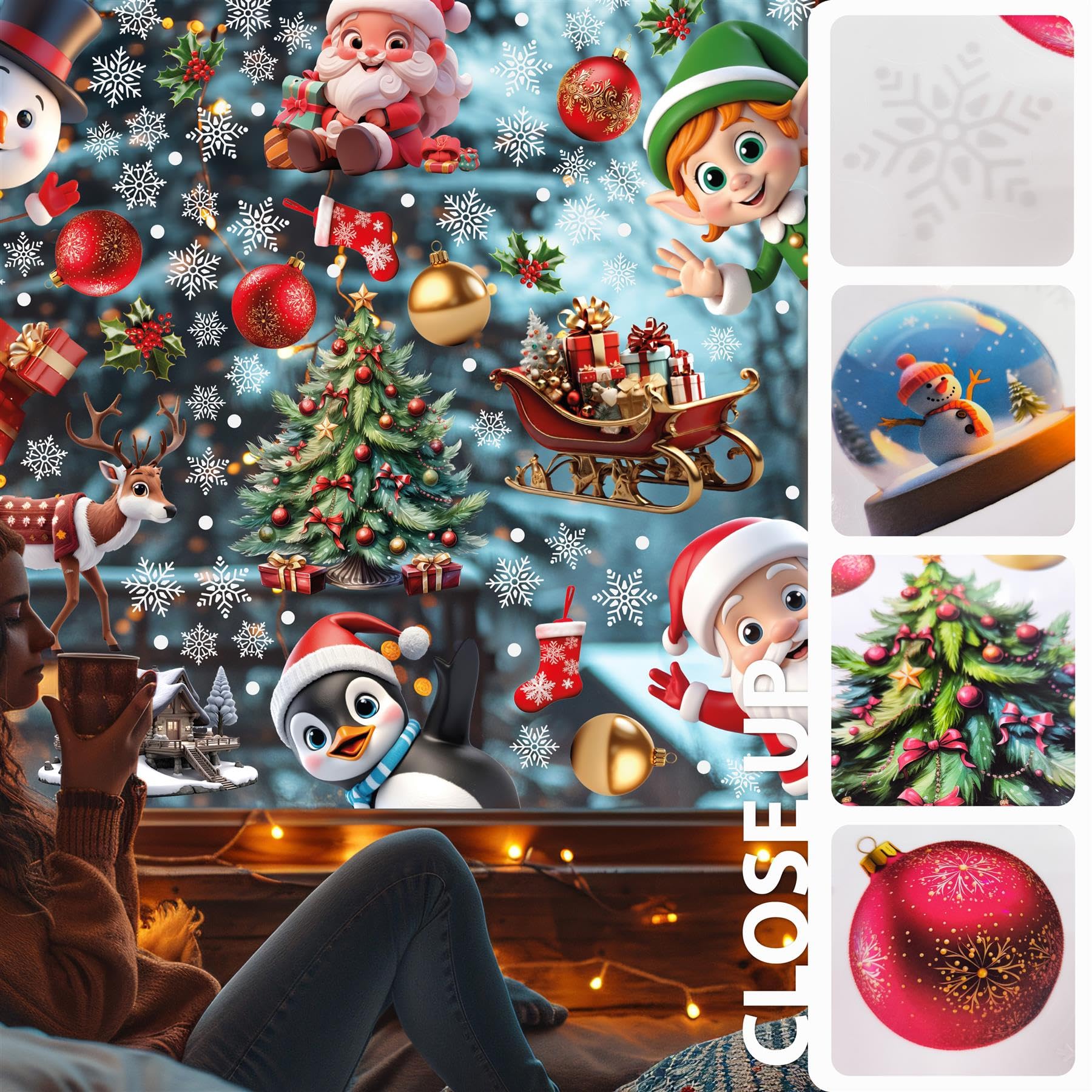 WALPLUS 149 PCS Xmas Window Clings Double Sided Christmas Window Clings Reusable Christmas Window Stickers Removable Peeking Santa & Friends with Snowflake Window Stickers - Image 2