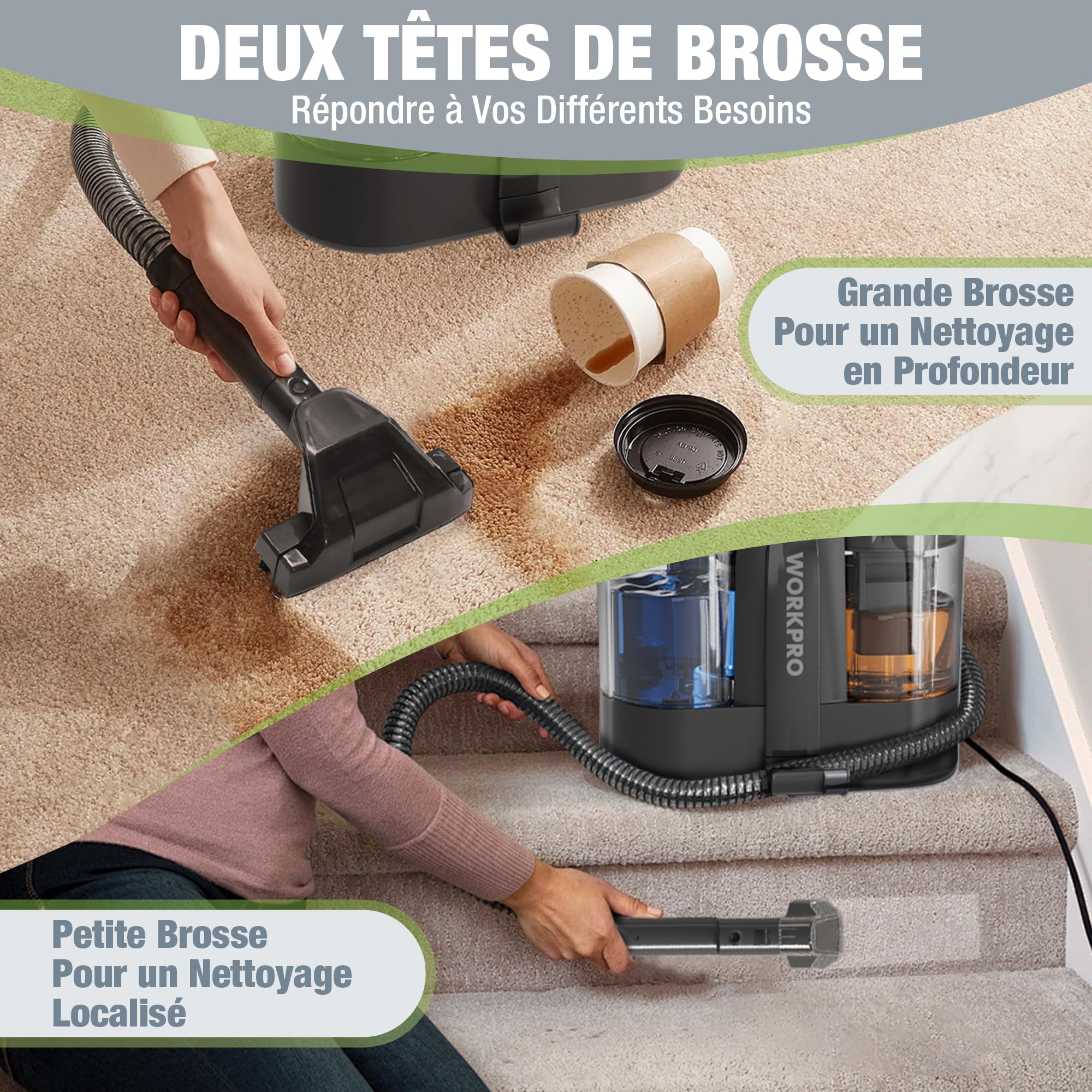 WORKPRO Nettoyeur de Tapis 450W, Shampouineuse Canape, Nettoyeur Moquettes avec Double Réservoirs 1,6L+0,75L, 13kPa, 75dB, 2 Buses pour Voiture, Animaux et Tissus d'Ameublement