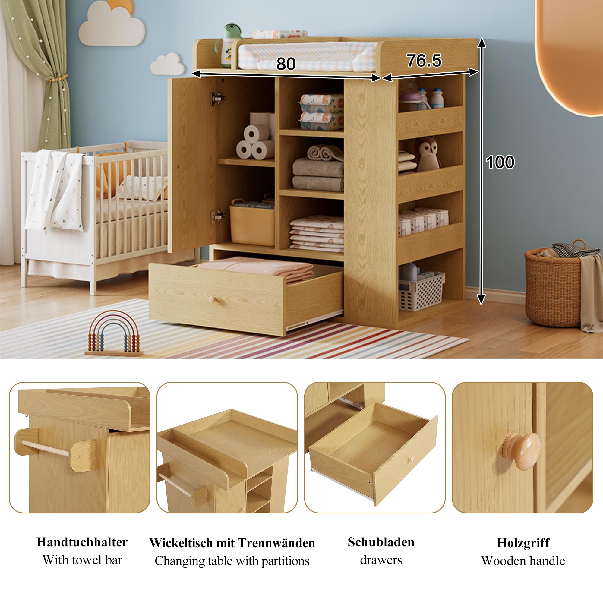 Tidyard Wickelkommode mit Schublade und Schrank, Handtuchhalter, Naturholz, für Neugeborene, Babypflege, Kinderzimmer, Baby Erstausstattung