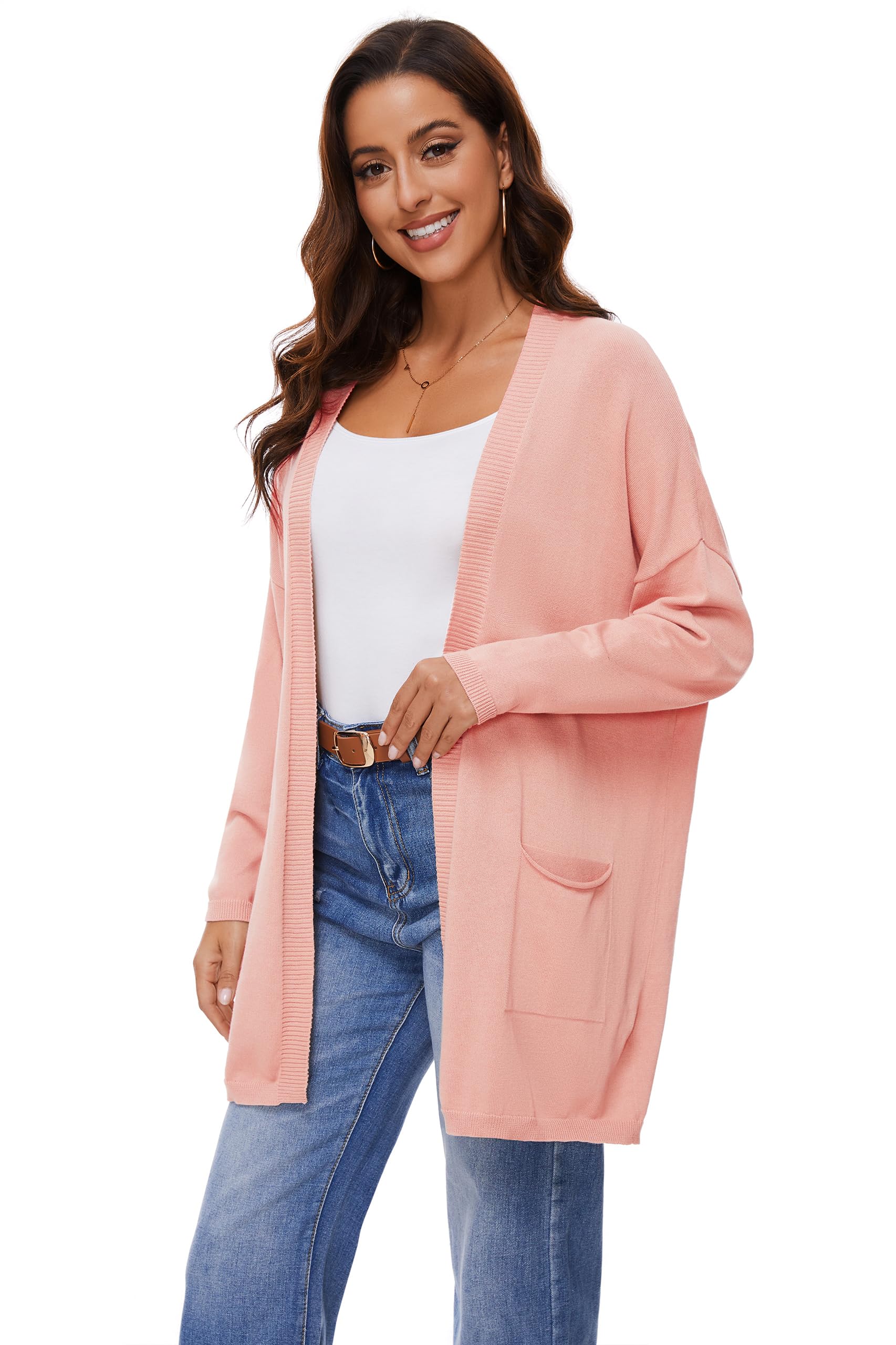 Cardigan Aperto in Cotone 100% per Donna con Tasche, Maniche Lunghe, Morbido, Oversize, Maglione Casual da Donna, Rosa Chiaro, XXL
