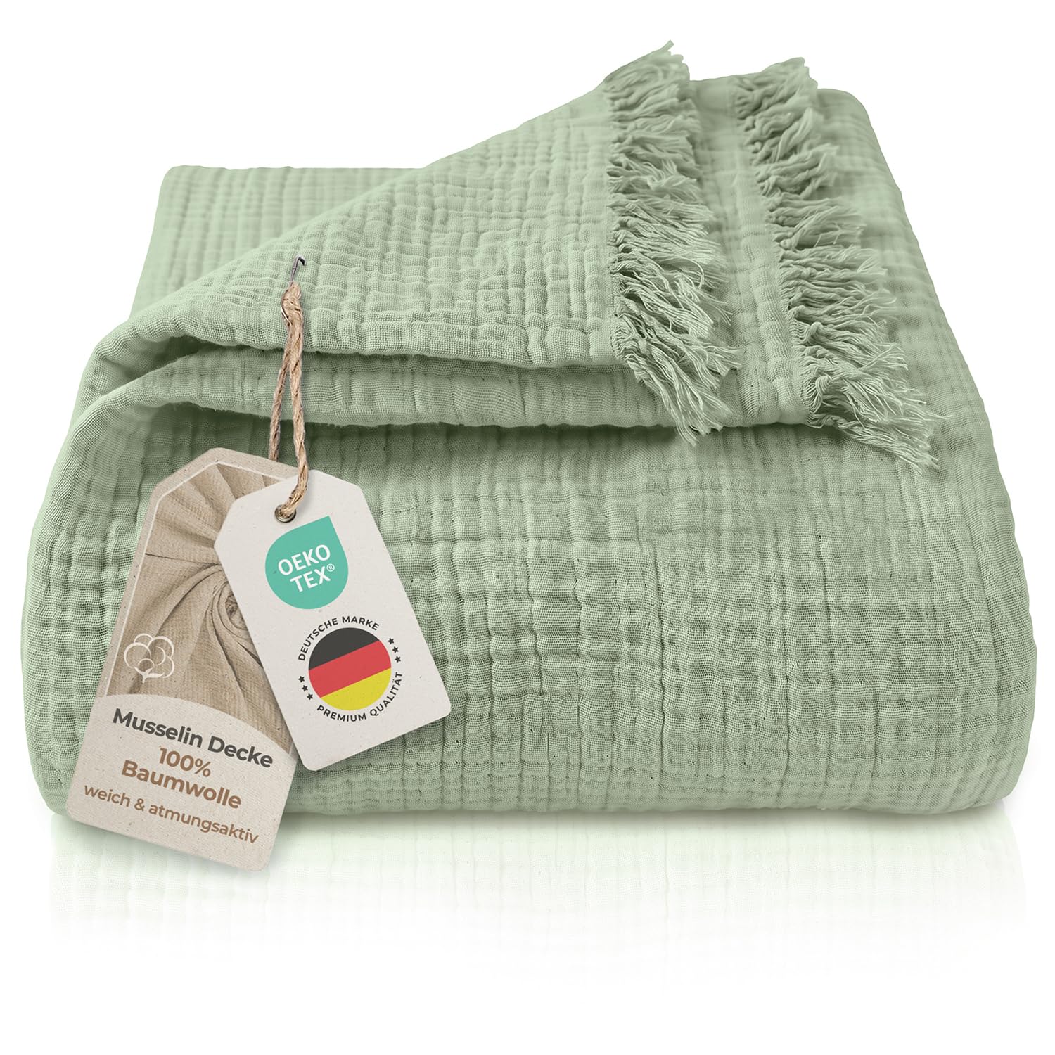 LAYNENBURG Premium Musselin Tagesdecke mit Fransen 150x200 cm – Oeko-TEX | 100% Baumwolle – weiche, leichte Sommerdecke als Bett-Überwurf, Baumwolldecke, Couch-Überwurf, Sofa-Decke (salbeigrün)