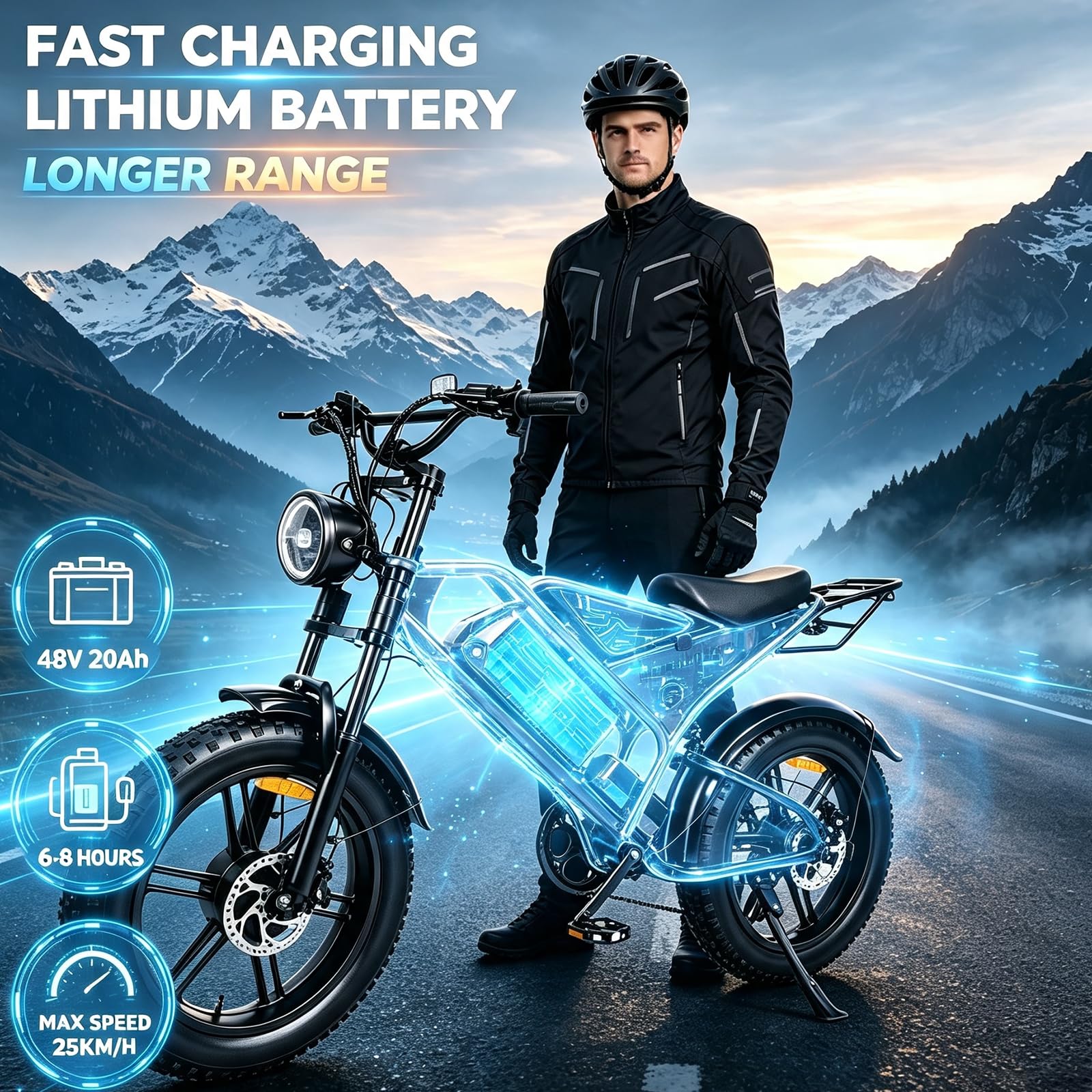 Bicicletta elettrica da fuoristrada, batteria rimovibile da 48 V e 20 Ah, | Freni a disco idraulici, motore brushless, pneumatici larghi, sospensioni integrali per carichi pesanti, 5 marce e 7 rapporti