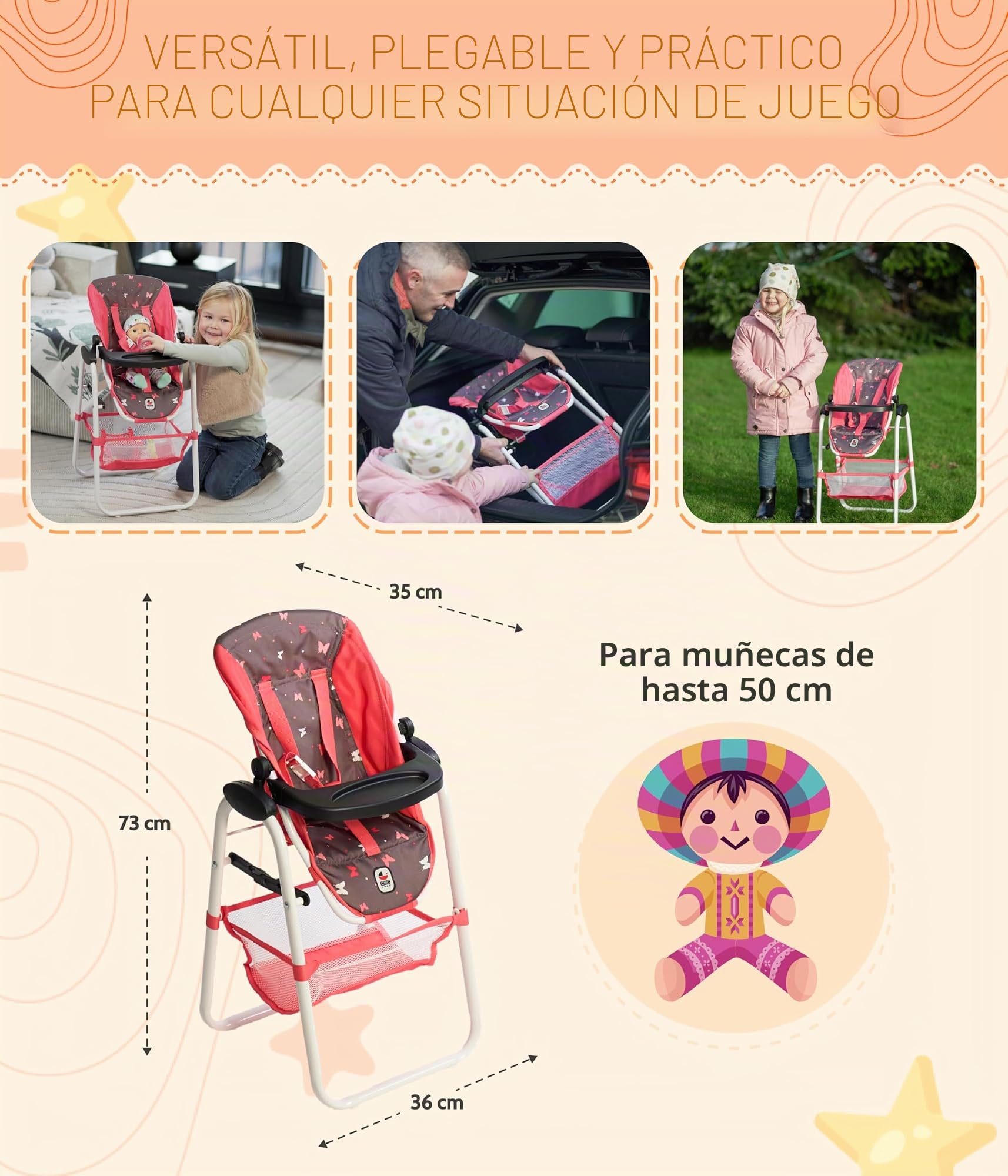 Bayer Chic 2000 - Trona para muñecas, Trona para muñecas, Muebles de muñecas, Accesorios para muñecas, Gris Melange, Rosa, pequeño