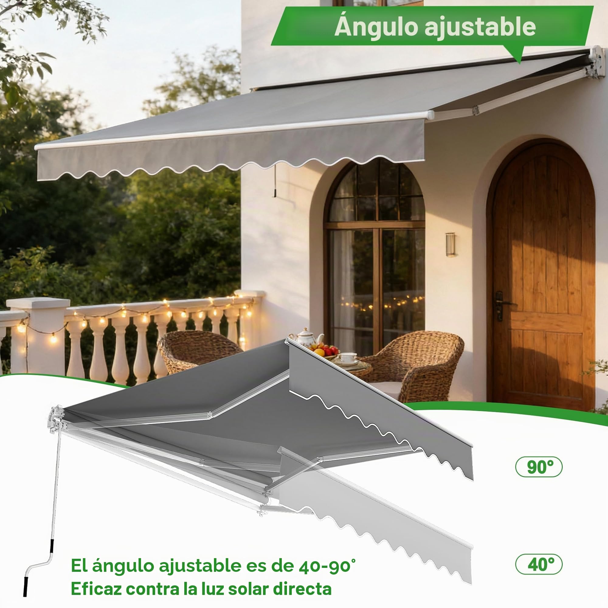 UISEBRT Toldo para balcón, 360 x 300 cm, con brazo articulado, toldo con abrazadera, protección solar, gris claro