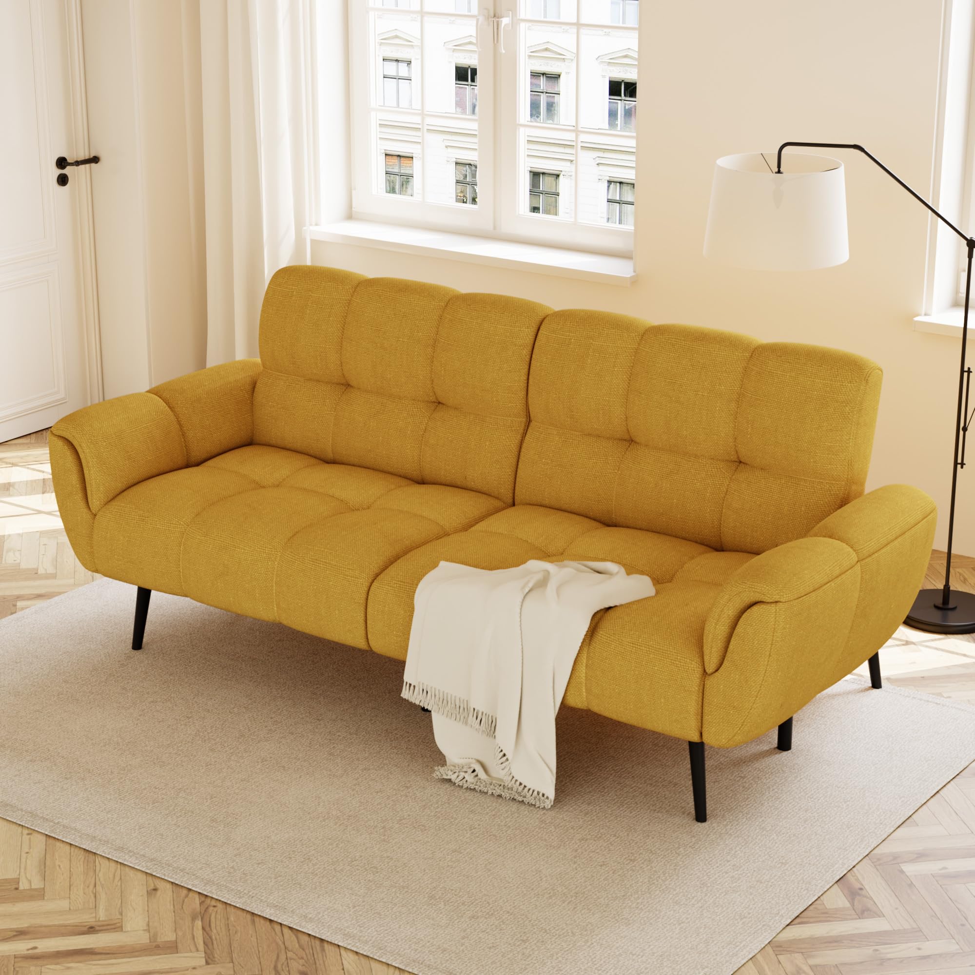 JIEXI Modern Clic Clack Sofa Bed Double, 3 Seater Fabric Couch with Adjustable Backrest, Small 2 Seater Settee Guest Bed for Living Room Office Apartment, 190cm (Yellow) โ image 1