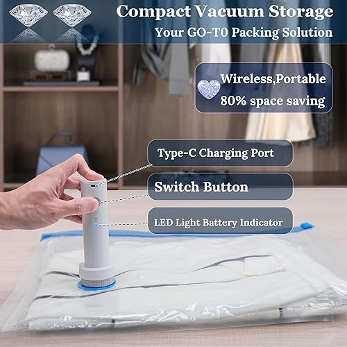 Miniatura 2 de Bolsas de sellado al vacío para viajes de ropa, bolsas de almacenamiento al vacío ahorradoras de espacio con bomba de aire inalámbrica (9 bolsas